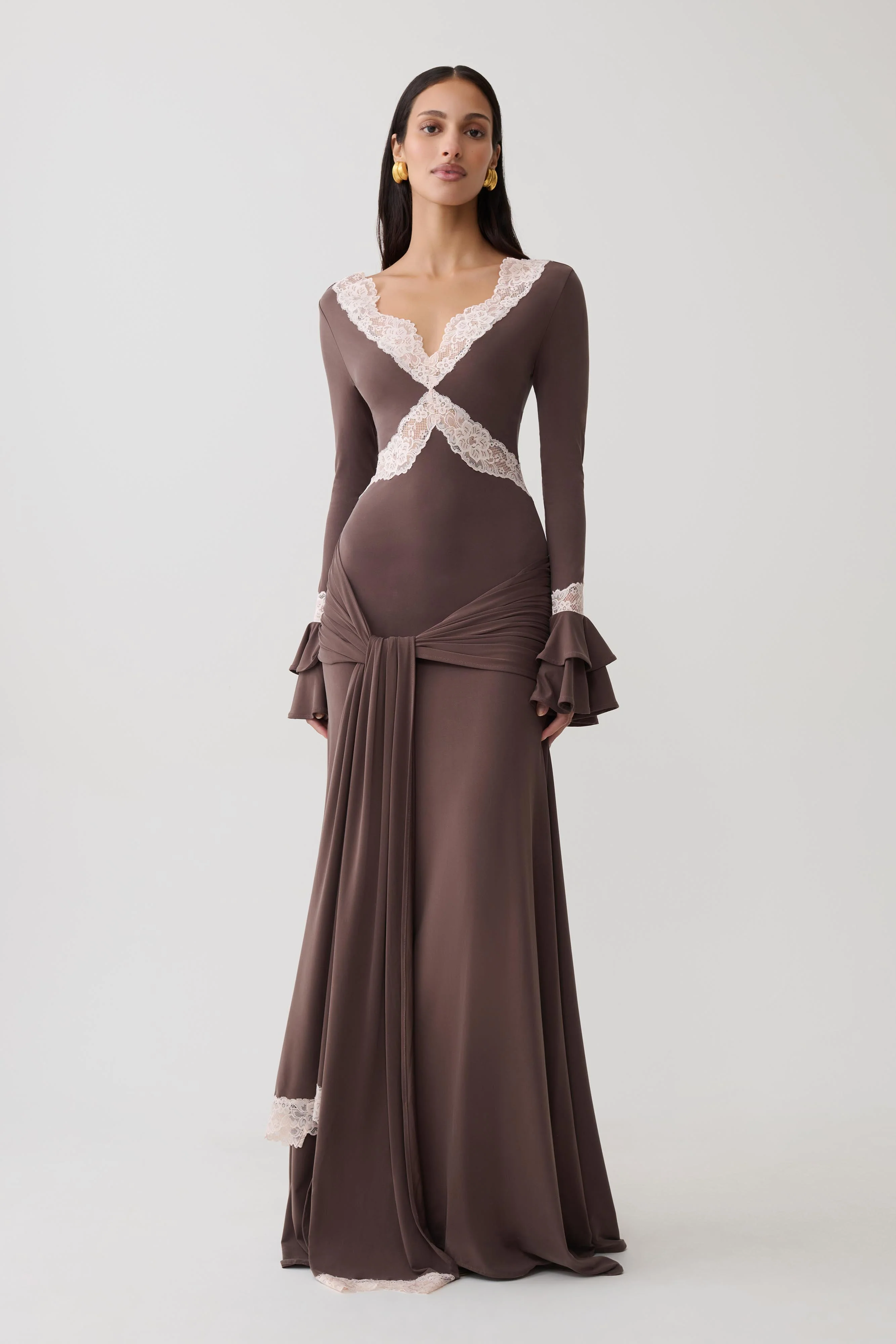 Electra Slinky Lace Maxi Dress - Chocolate/Ballet Pink