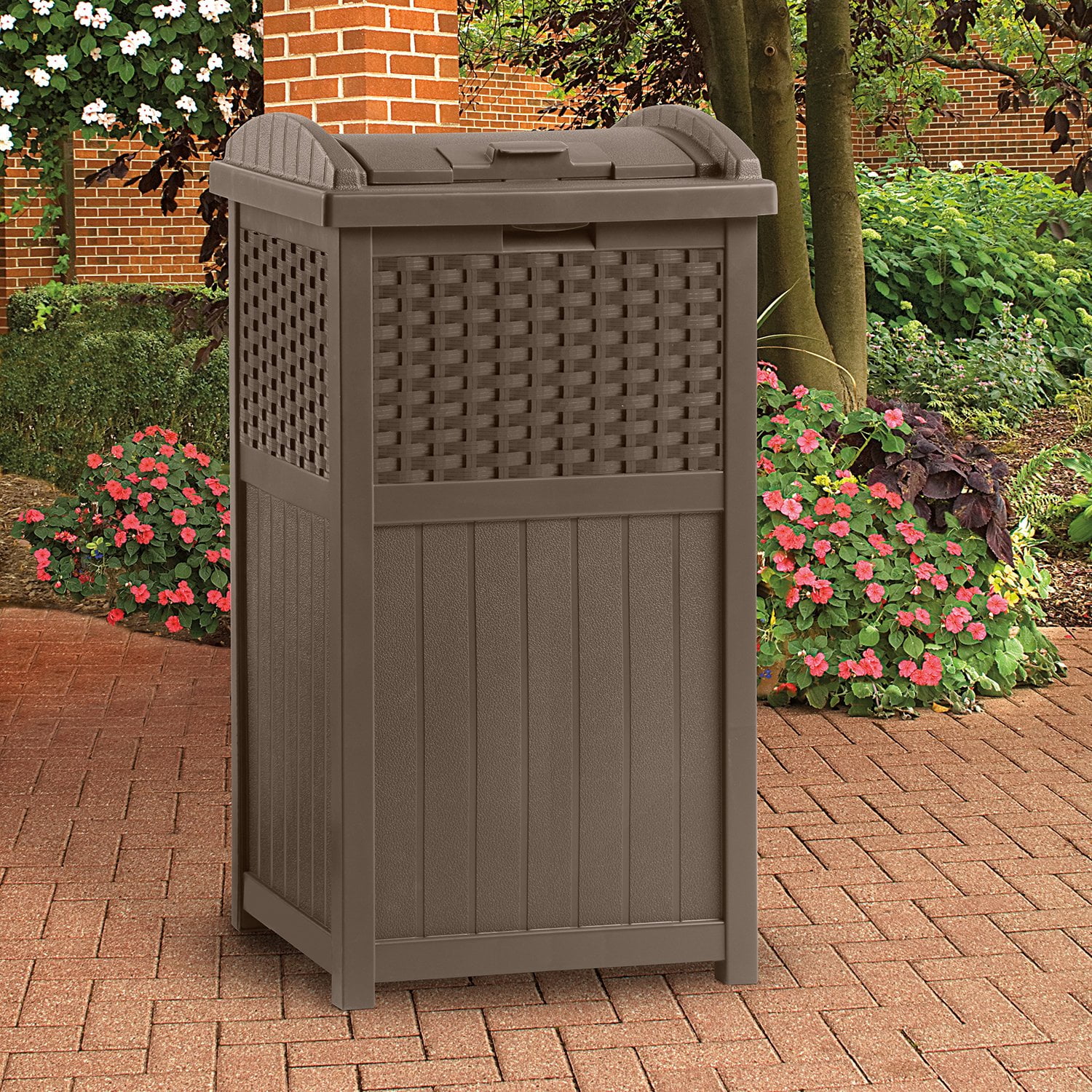 Suncast 77 Quart Patio Cooler W/ Cabinet and Basket W/ Wicker Trash Hideaway