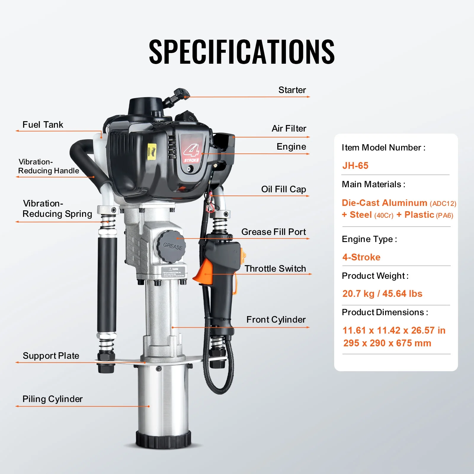 37.77cc Gas T Post Driver, 4-Stroke Engine, Includes 3 Driving Heads (45/55/88 mm), 1000W, Ideal for Farm Fences Road Work - Image 8