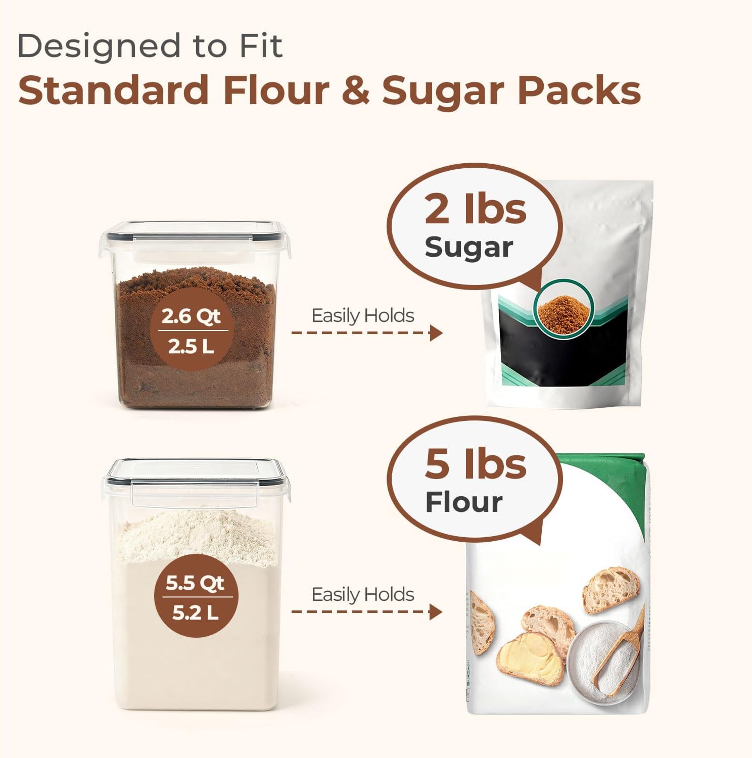 ComSaf Airtight Flour and Sugar Container 2.6Qt & 5.5Qt 3-Pack, Wide Mouth