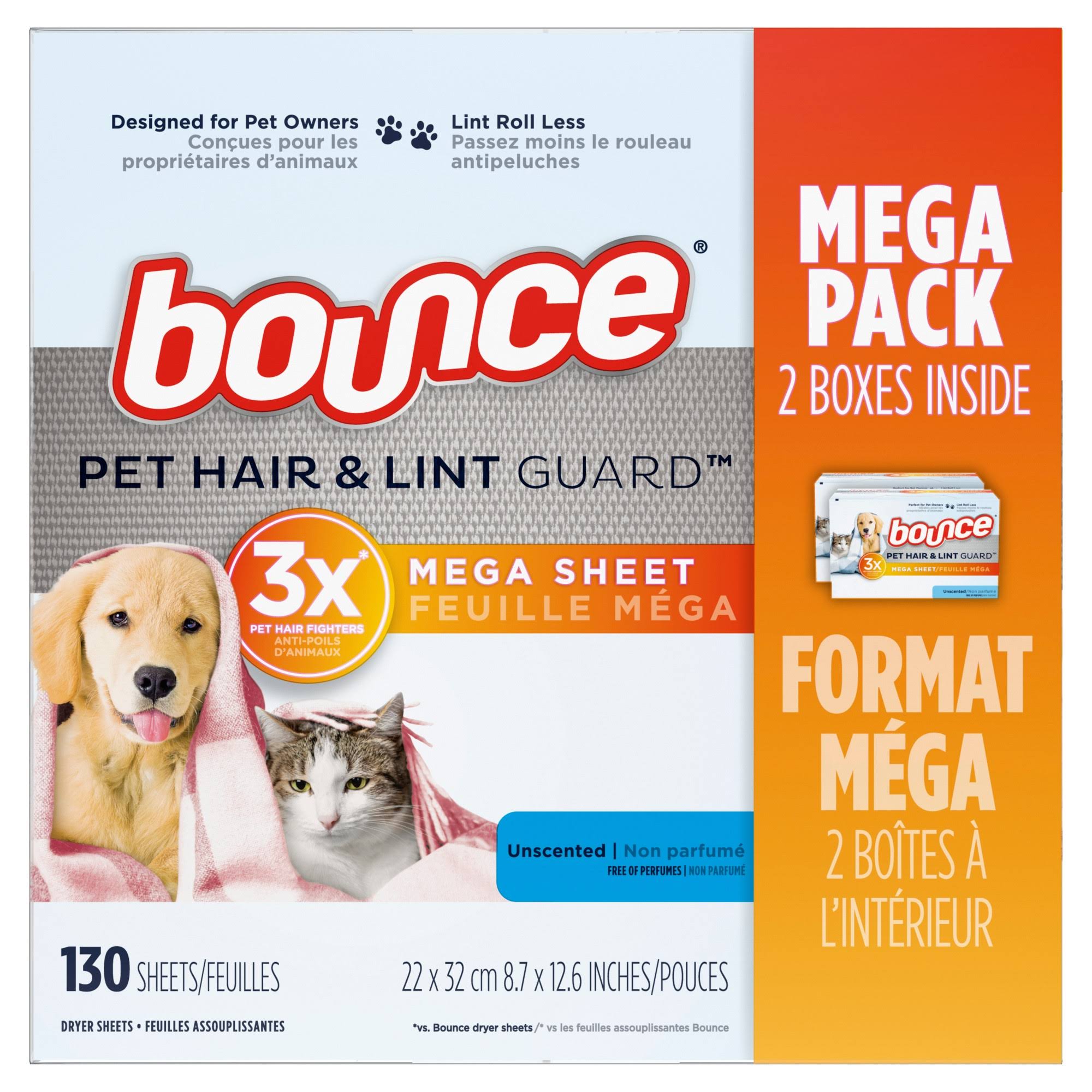 Bounce Pet Hair and Lint Guard Mega Dryer Sheets, Unscented - 130 ct