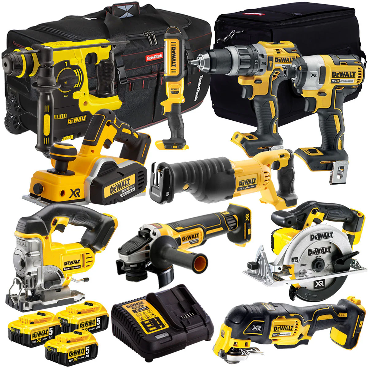 Kit d'outils électriques DeWalt DCK10BTSKIT1 18 V, 10 pièces, avec 3 batteries 5,0 Ah et chargeur.