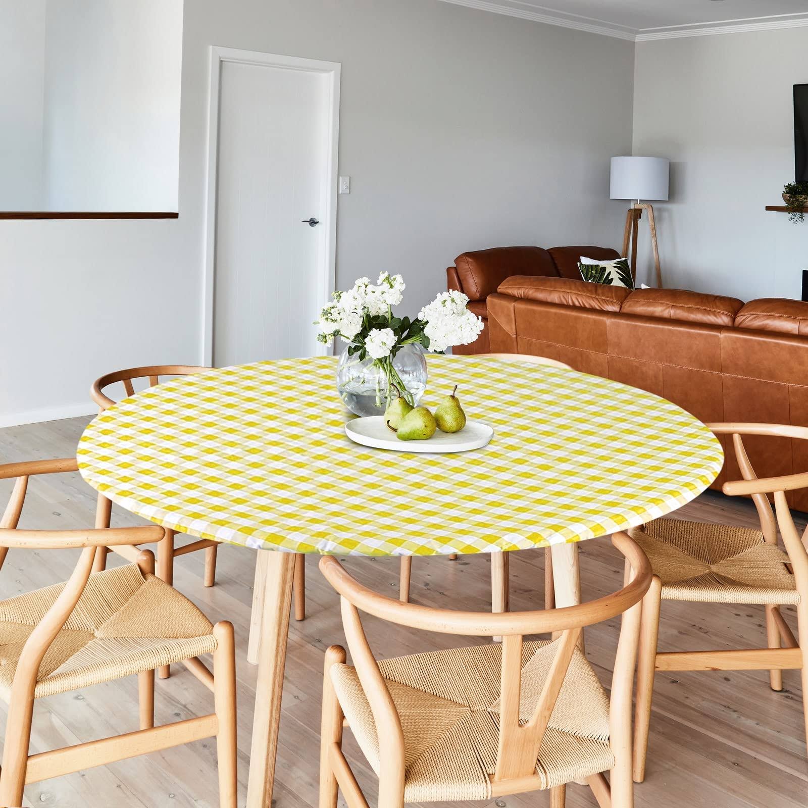 Sorfey Round Tablecloth -Fitted with Elastic, Vinyl with Flannel Back, Fits for Table 60 Inches Round,Water Proof, Easy to Clean, Checked Yellow