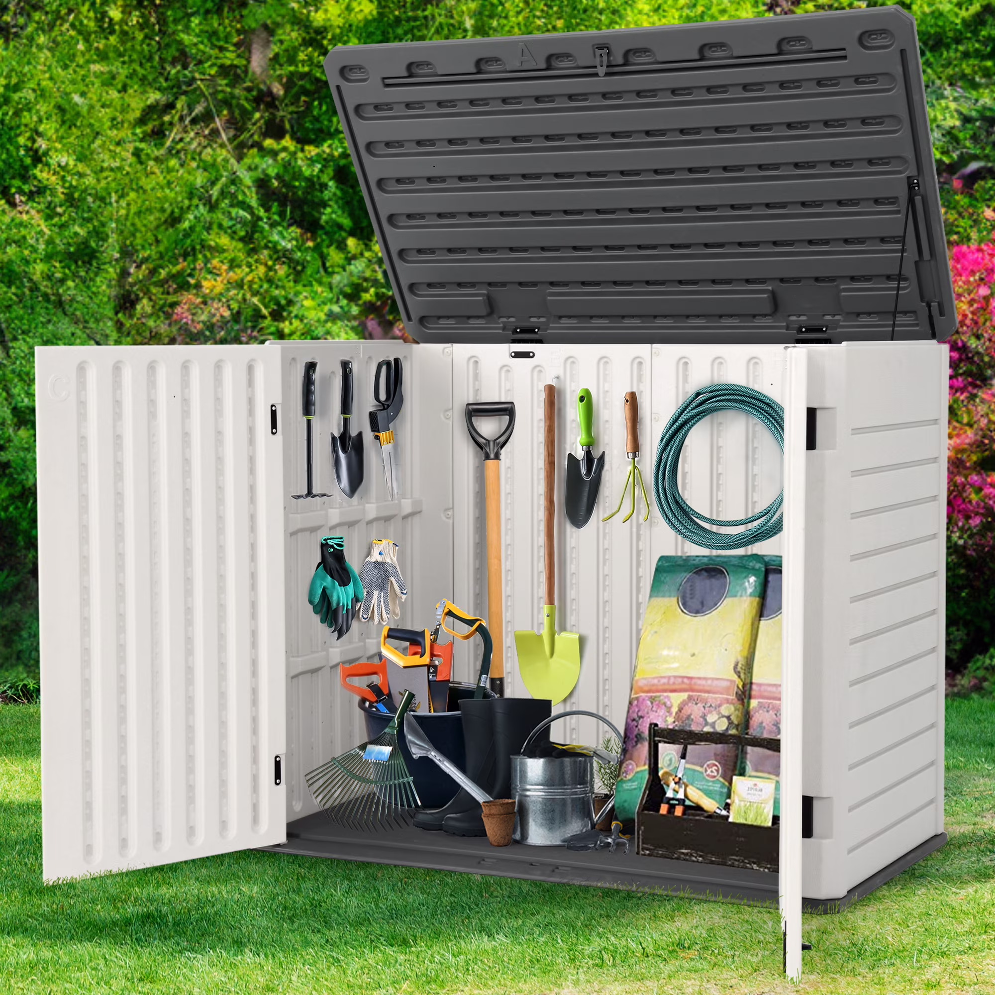 Dextrus 35 cu ft Outdoor Horizontal Storage Sheds, Weather Resistant Resin Tool Shed, Multi-Opening Door for Easy Storage of Bike, Trash Cans, Garden Tools, Lawn Mowers, Waterproof, Lockable