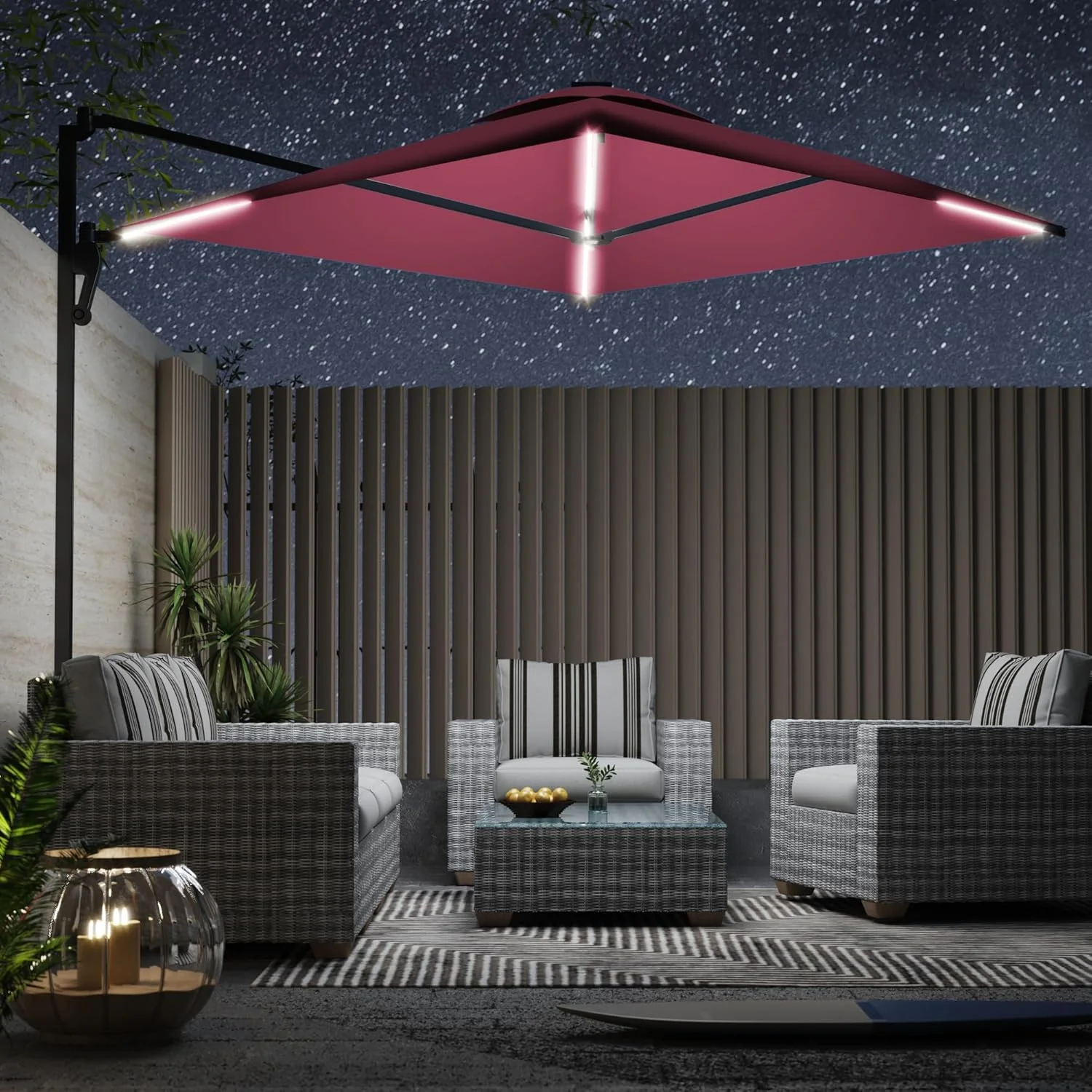 AECOJOY 10FT Large Patio Umbrella with Solar Lights, Rectangle Wall Mounted Outdoor Patio Umbrella, Red