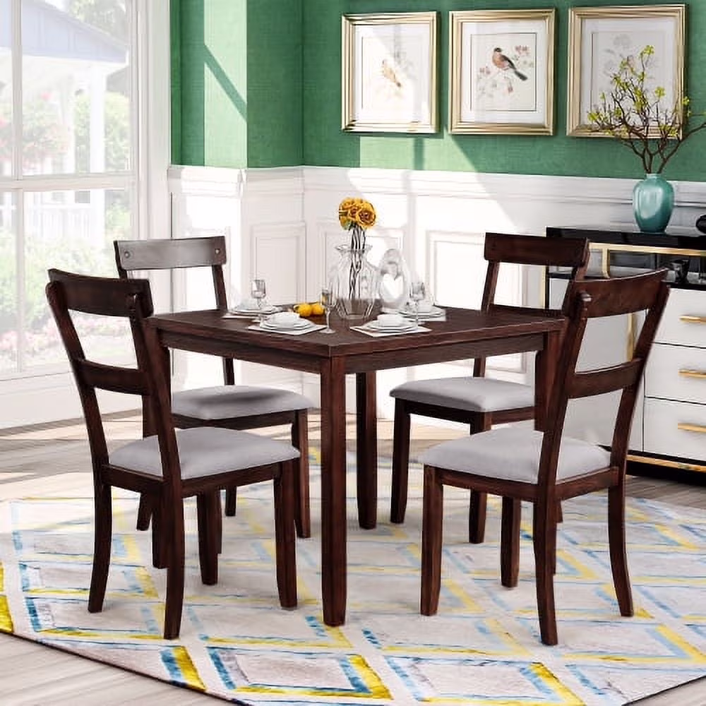 5 Pieces Wooden Round Dining Table and Chair Set with Special-shaped Legs and an Exquisitely Designed Hollow Chair Back for Dining Room(# 3:Gray (Round)) - Image 7