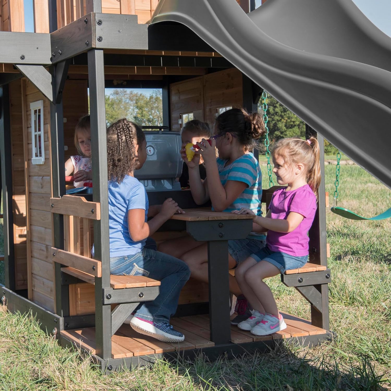 Canyon Creek Cedar Wood Swing Set with Wave Slide, Clubhouse, Play Kitchen, Picnic Area, Belt Swings, Web Swing, Rock Wall, Balconies,…