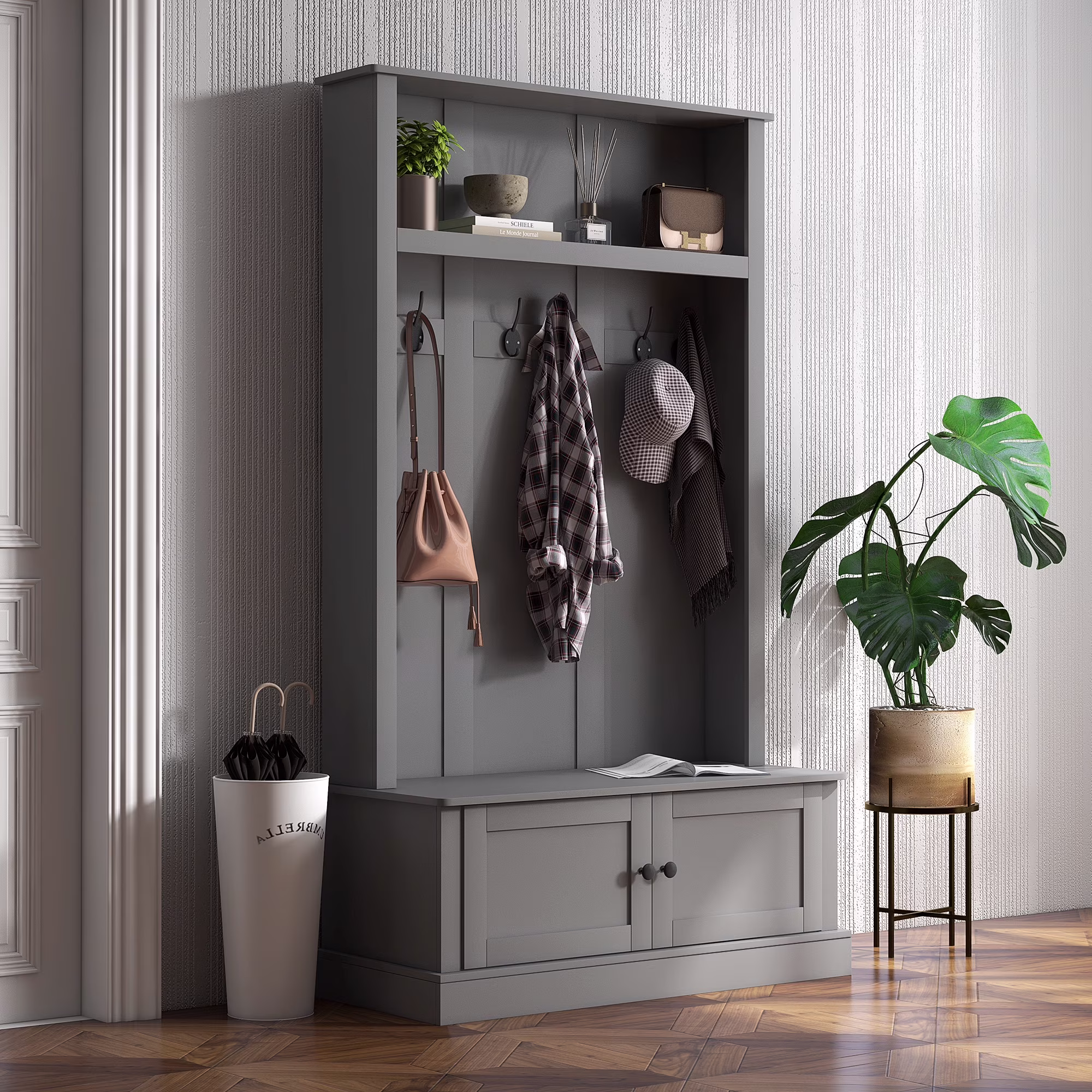 Hall Tree, Entryway Bench w/ Coat Rack, Shoe Cabinet, Black(Black) - Image 3