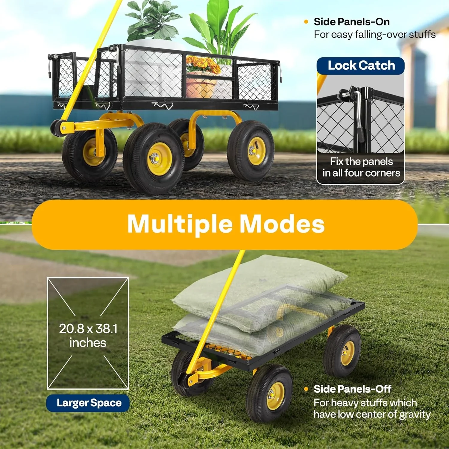 SPECSTAR Mesh Steel Garden Cart 880 lbs Capacity, 38 x 21 Folding Utility Wagon with 10 Inch Wheels