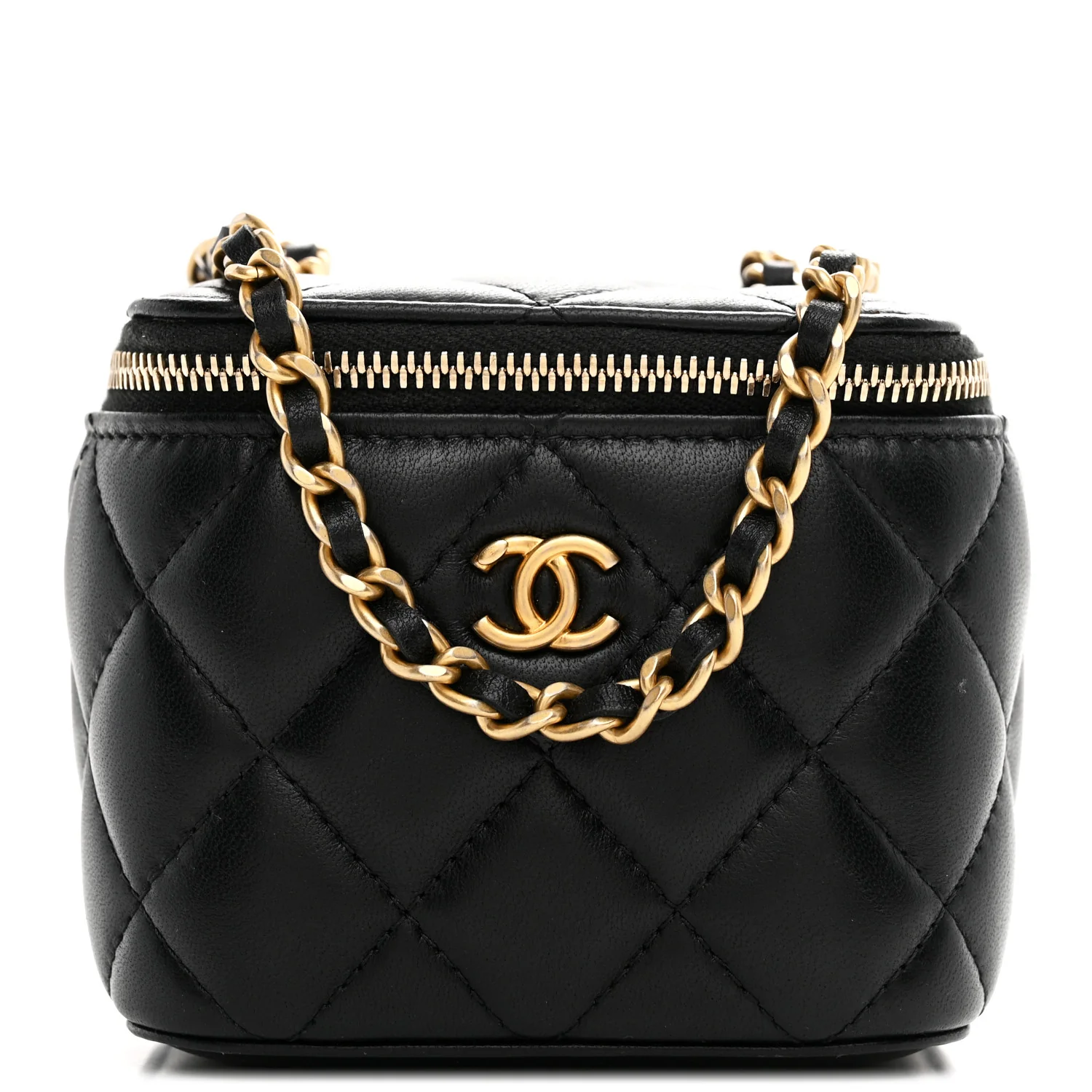 Lambskin Quilted Mini Pearl Crush Vanity Case With Chain Black