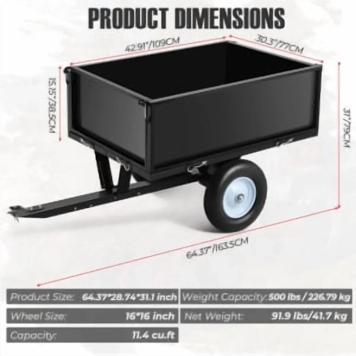 Juiluna Heavy Duty Steel Dump Trailer, 500 Lbs Dump Cart, 12 Cu.Ft. Garden Utility Trailers, with 2 Wheels, for Tractor, ATV, UTV, Outdoor Lawn Mower