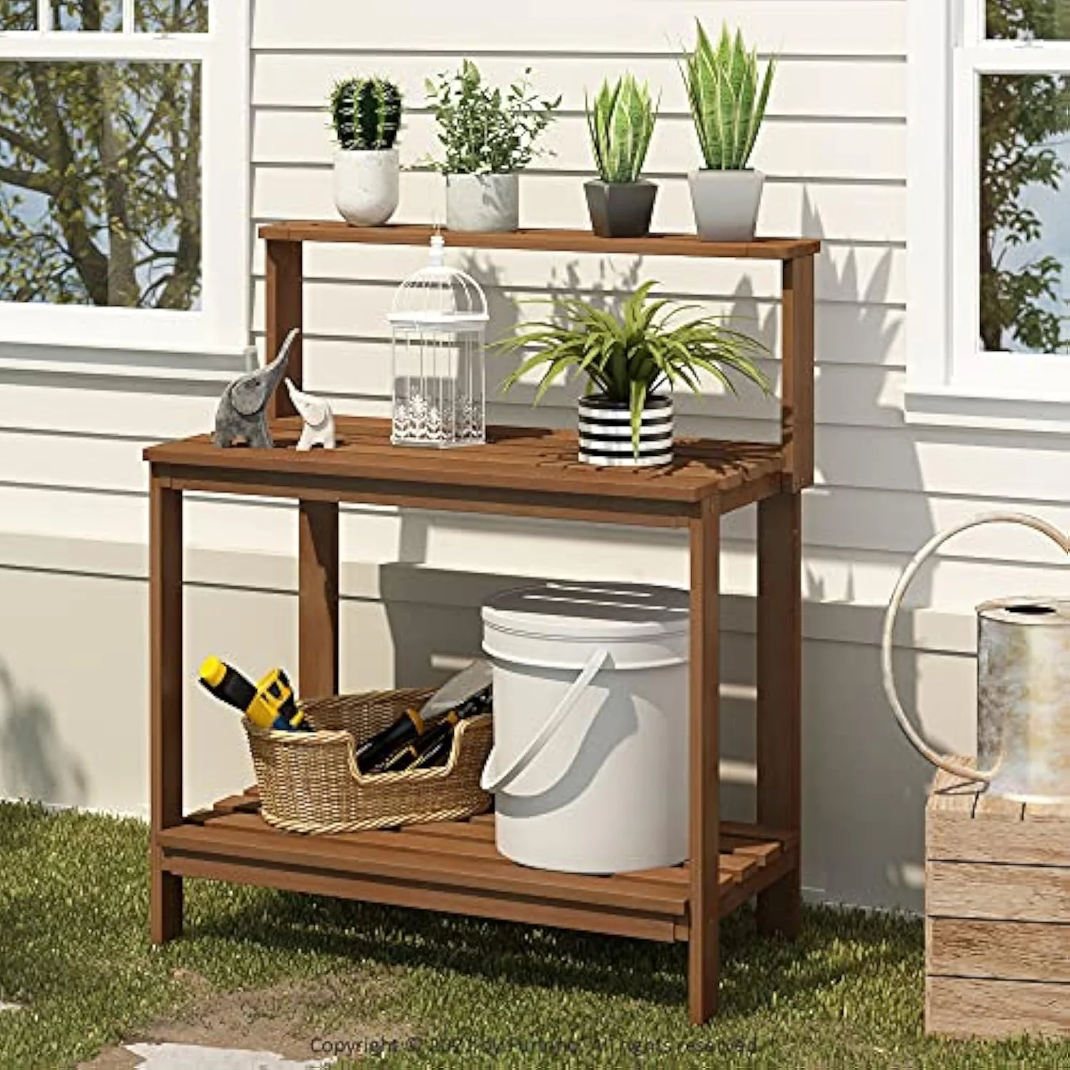 Outdoor Waterproof Hardwood Potting Bench - Durable Garden Storage Table for Patio, Natural Finish, 48x24in