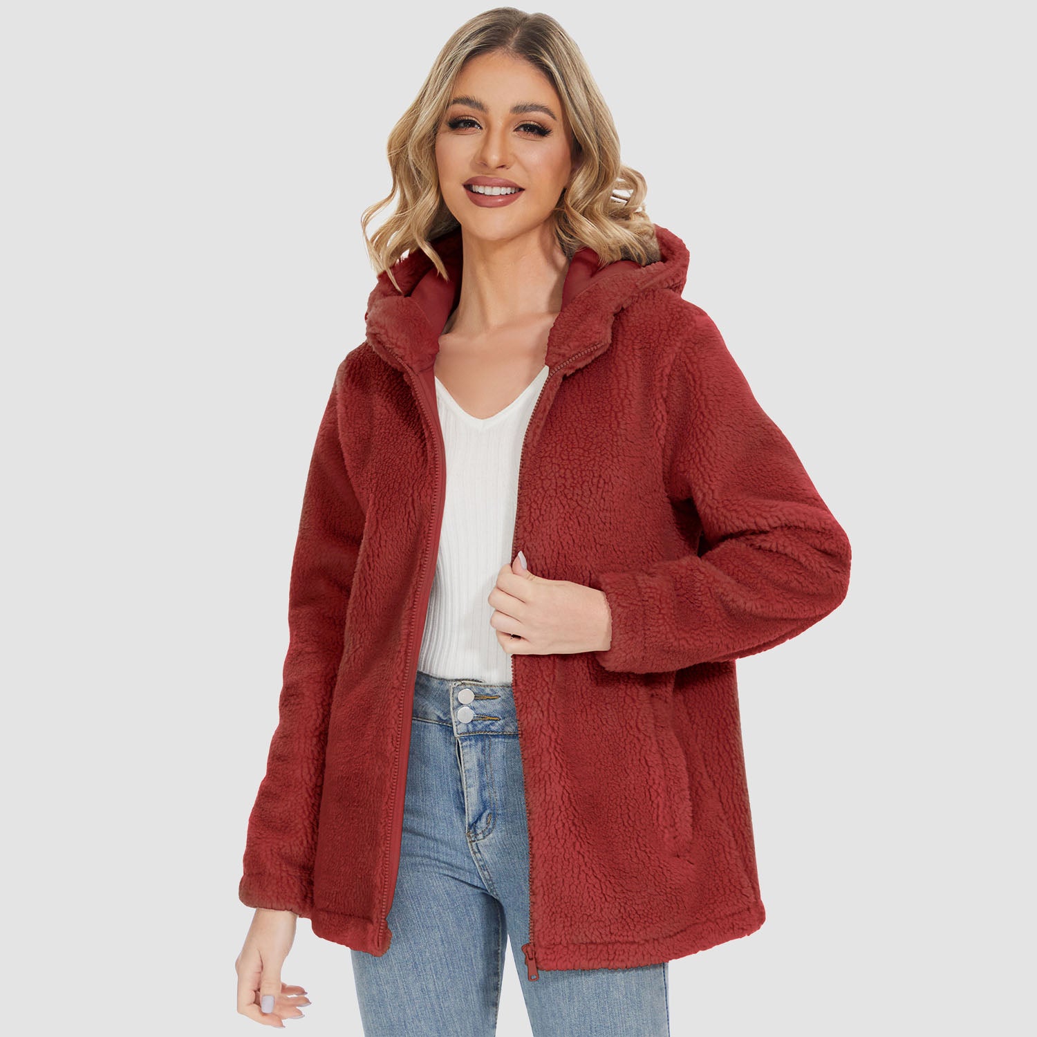 Veste sherpa pour femme avec capuche, fermeture éclair intégrale et poches, manteau polaire doux et chaud pour l'hiver.