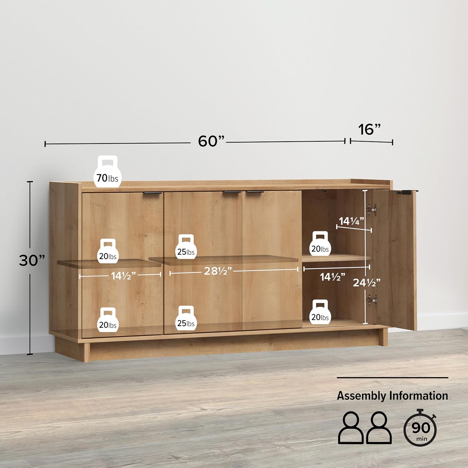 Prepac Simply Modern 4 Console Table, White Doors and Shelves, Sideboard Storage Cabinet, 60
