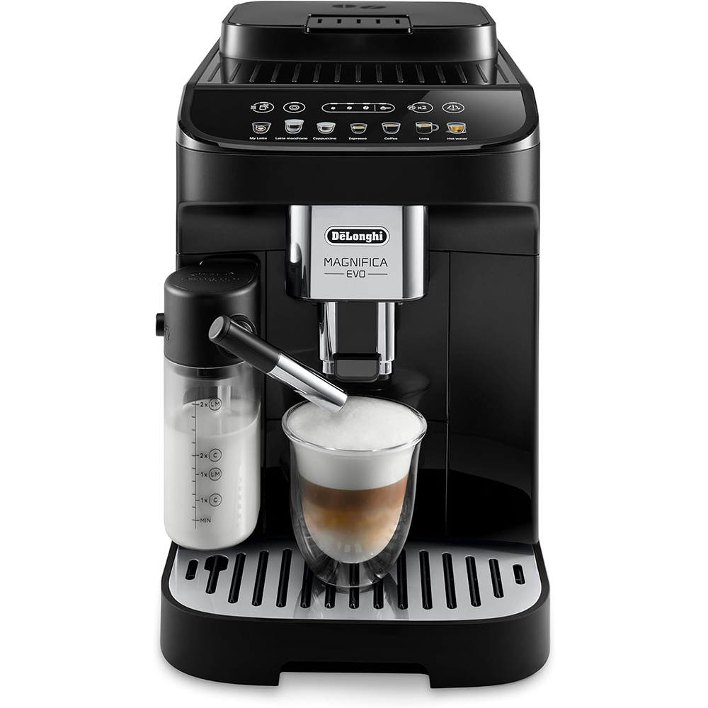 Machine à café entièrement automatique De'Longhi Magnifica Evo ECAM 292.81.B avec système de lait LatteCrema, 7 touches de sélection directe pour cappuccino, expresso et autres spécialités de café, fonction 2 tasses