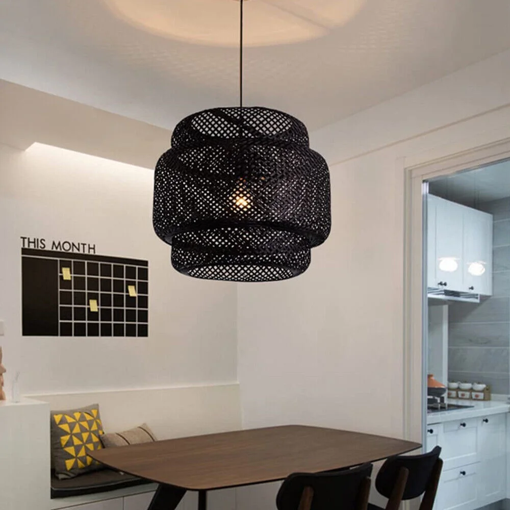 Arturesthome Vintage Chandelie Bamboo Woven Pendant Light Hanging Ceiling Lamp Decor Black