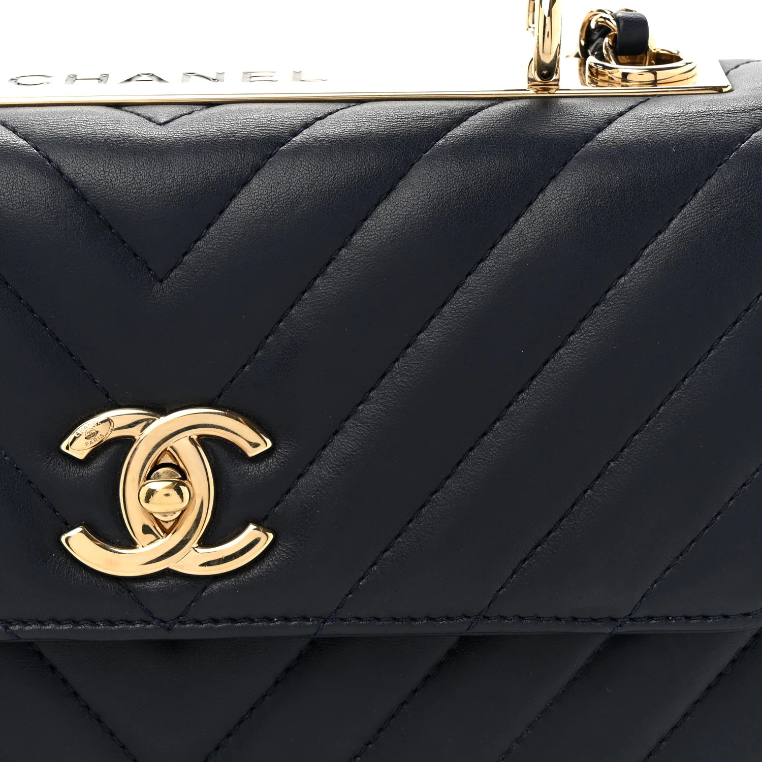Lambskin Chevron Quilted Small Trendy CC Flap Dual Handle Bag Navy