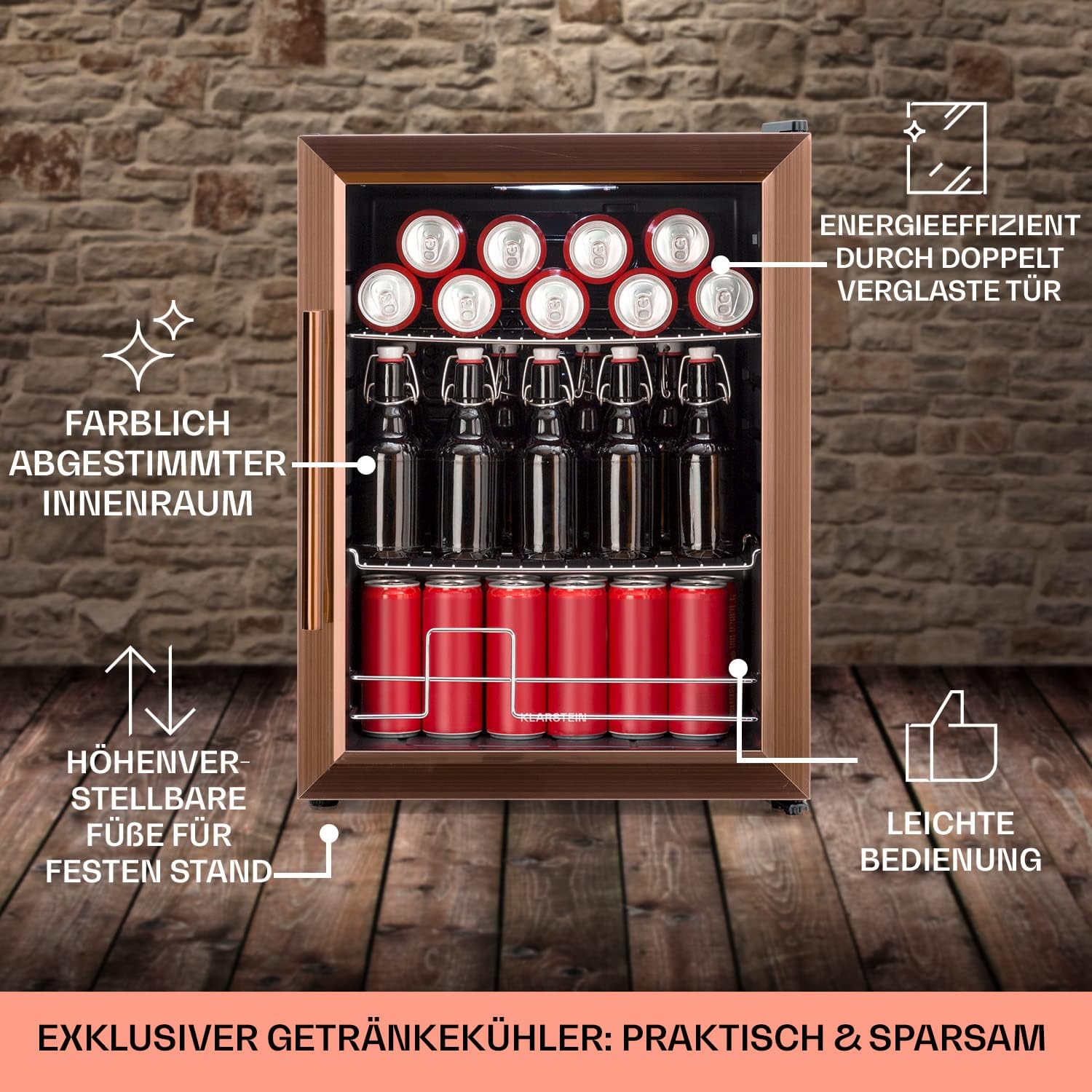 Klarstein Mini Koelkast met Glazen Deur voor Kamer, Drankenkoelkast met Verstelbare Planken, Klein 80 Liter, Indoor/Outdoor Koelkast Stil