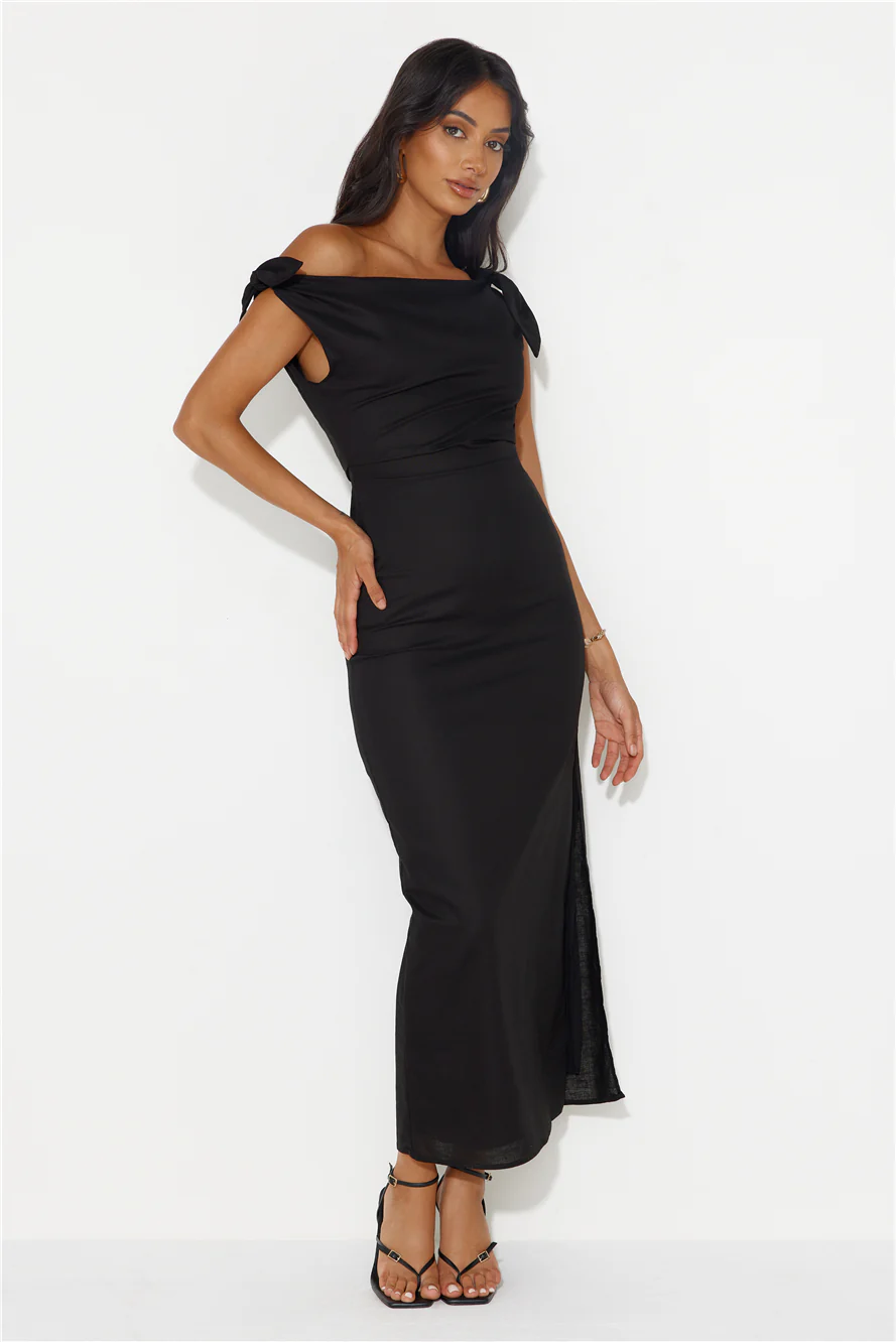 From Locations Linen Blend Off Shoulder Midi Dress Black