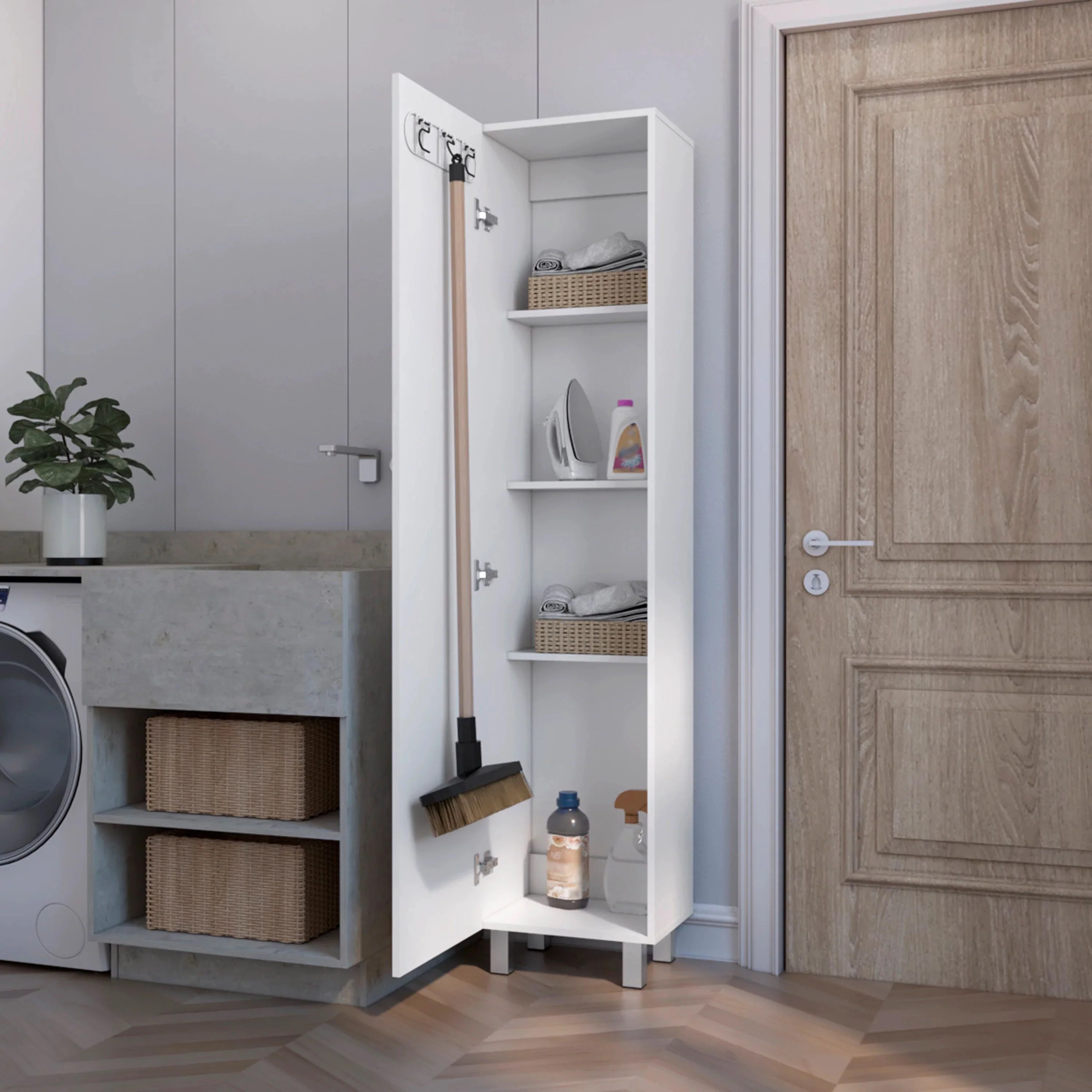 Clarno Tall Storage Cabinet, Single Door with Broom Hangers,White Image 3