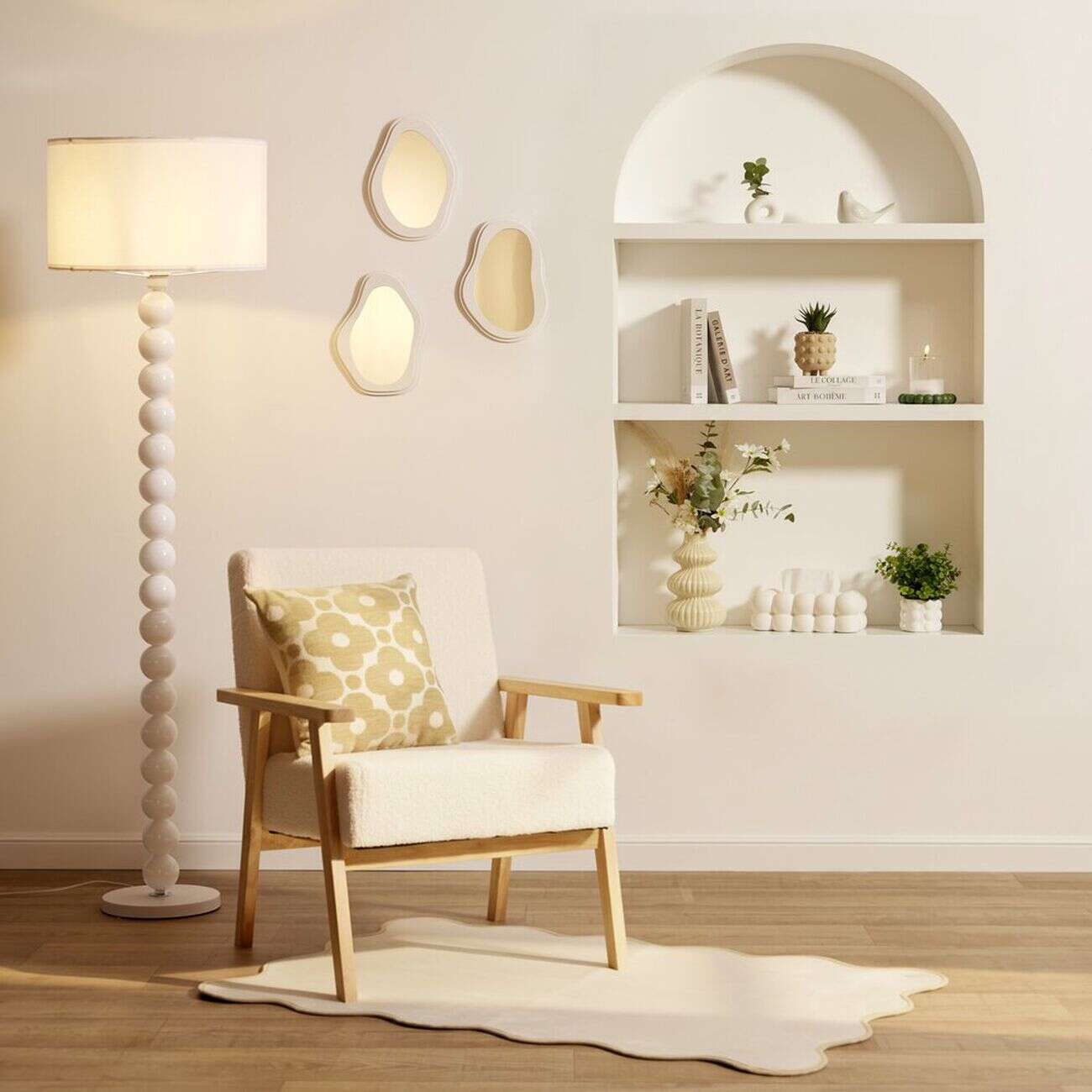 Miroir x3 forme organique bord ciment blanc 21x29cm