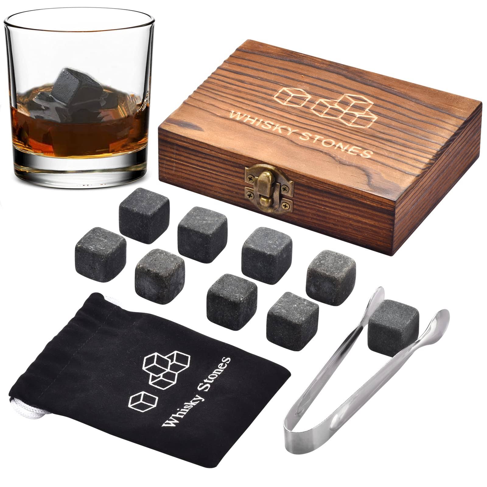 Whiskey Stones, Whiskey Stone Gift Set, 9 Granite Whisky Rocks, Burbon Gifts Cool Presents for Men Dad Husband Boyfriend, Unique Anniversary