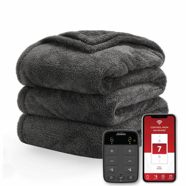 Sunbeam Loftec Wi-Fi Connected Electric Heated Blanket, Slate Gray, King