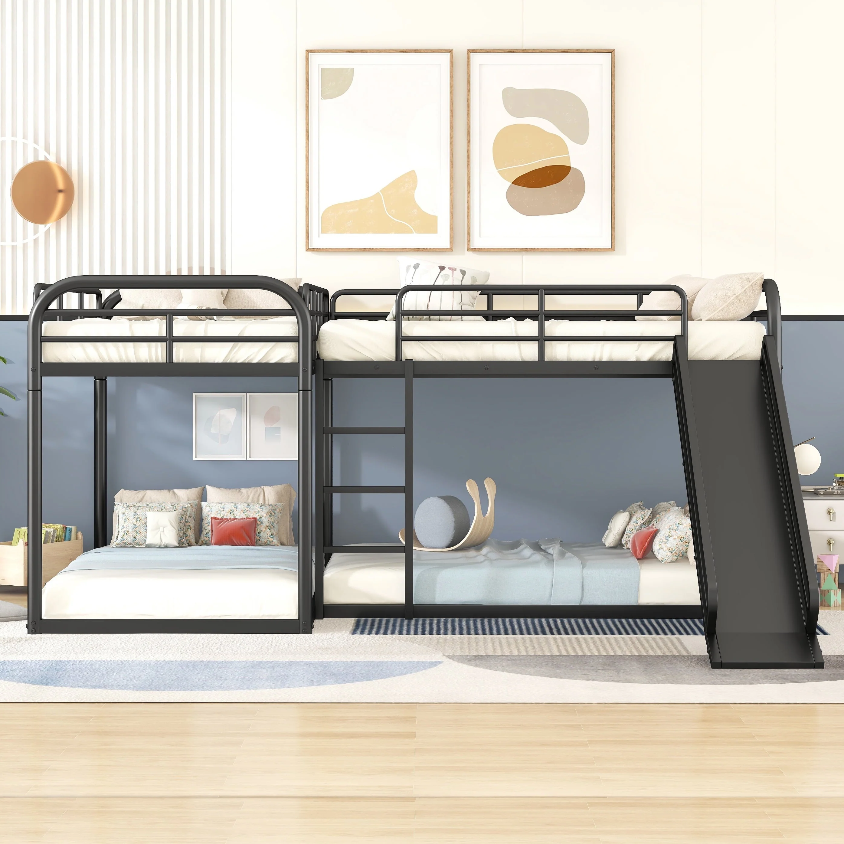 Full and Twin Size L Shaped Quadruple Metal Bunk Bed with Slide for Kids, Black Image 3