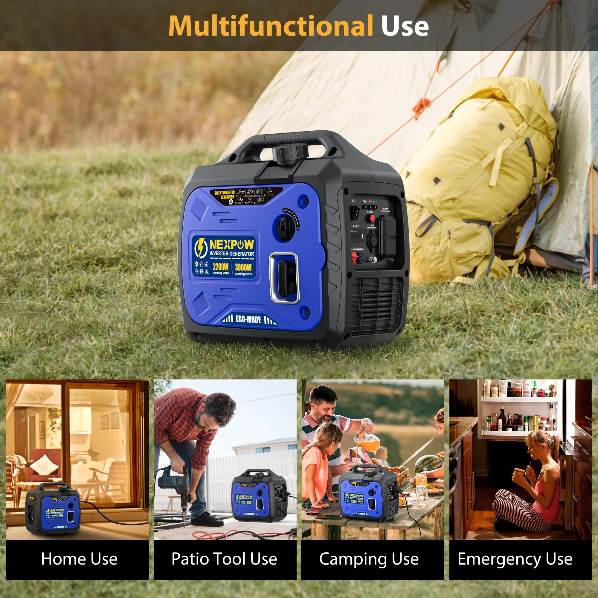 3000W Portable Inverter Generator, Gasoline Power Lightweight for Backup Home Camping, Eco-Mode Feature, Parallel Capability, Overload Protection(3000 W) - Image 4