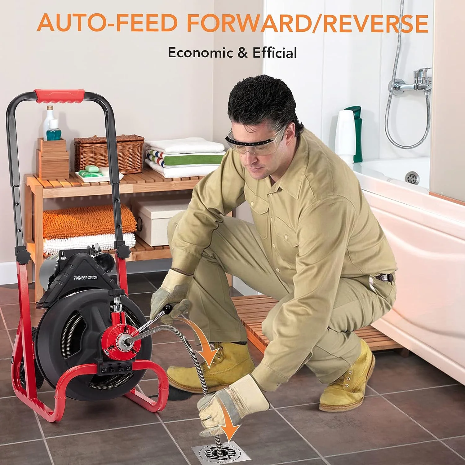 75Ft x 1/2 Inch Drain Cleaner Machine, Auto-feed Electric Drain Auger Professional for 2 to 4 Inch Pipes, with 6 Cutters, Glove, Drain Auger Cleaner Sewer Snake(75Ft x 1/2 Inch) - Image 2
