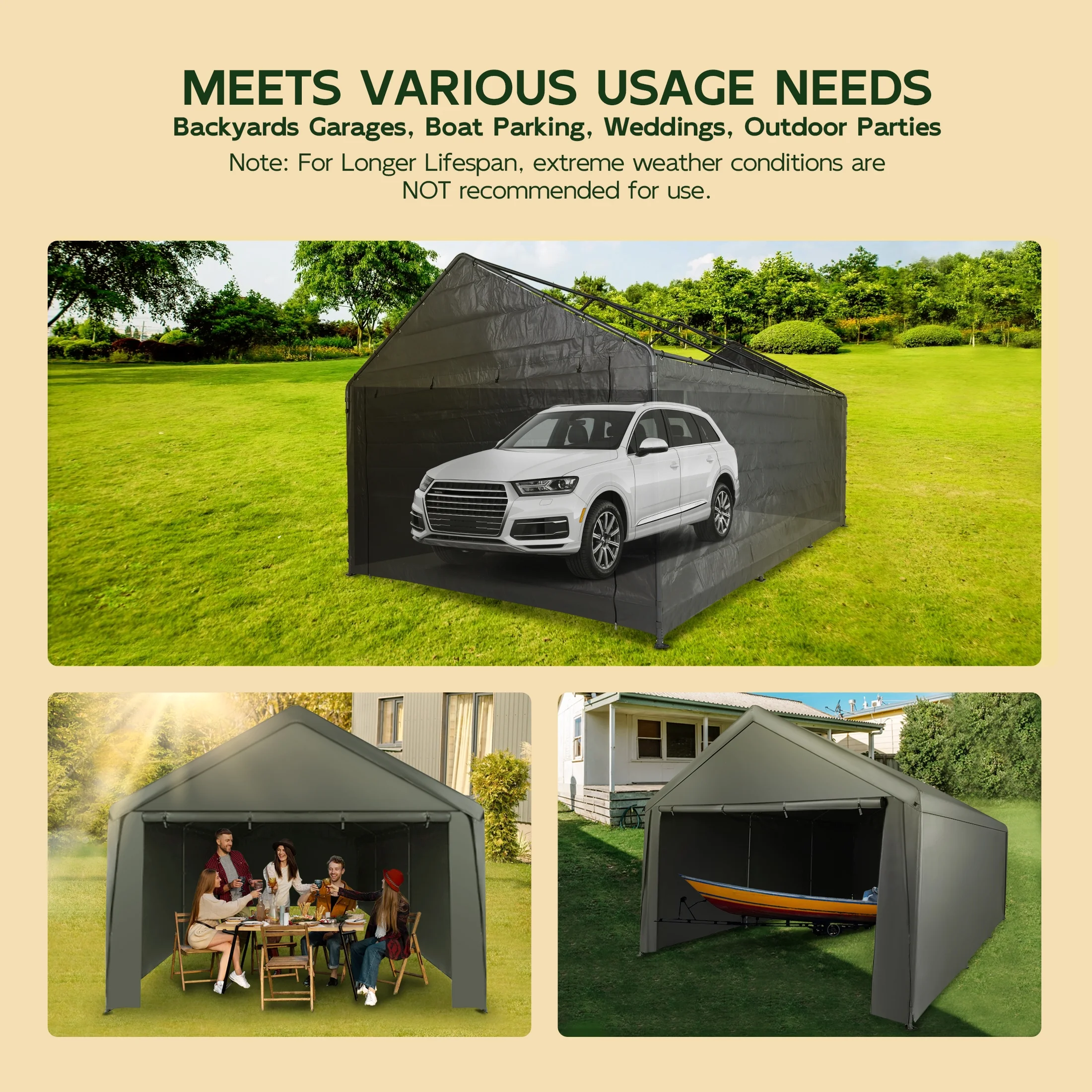 10x20 ft Weather Carport Sidewall Tarp Replacement, Dark Grey- TopFrame Not Included(10' x 20'/Dark Grey) - Image 5
