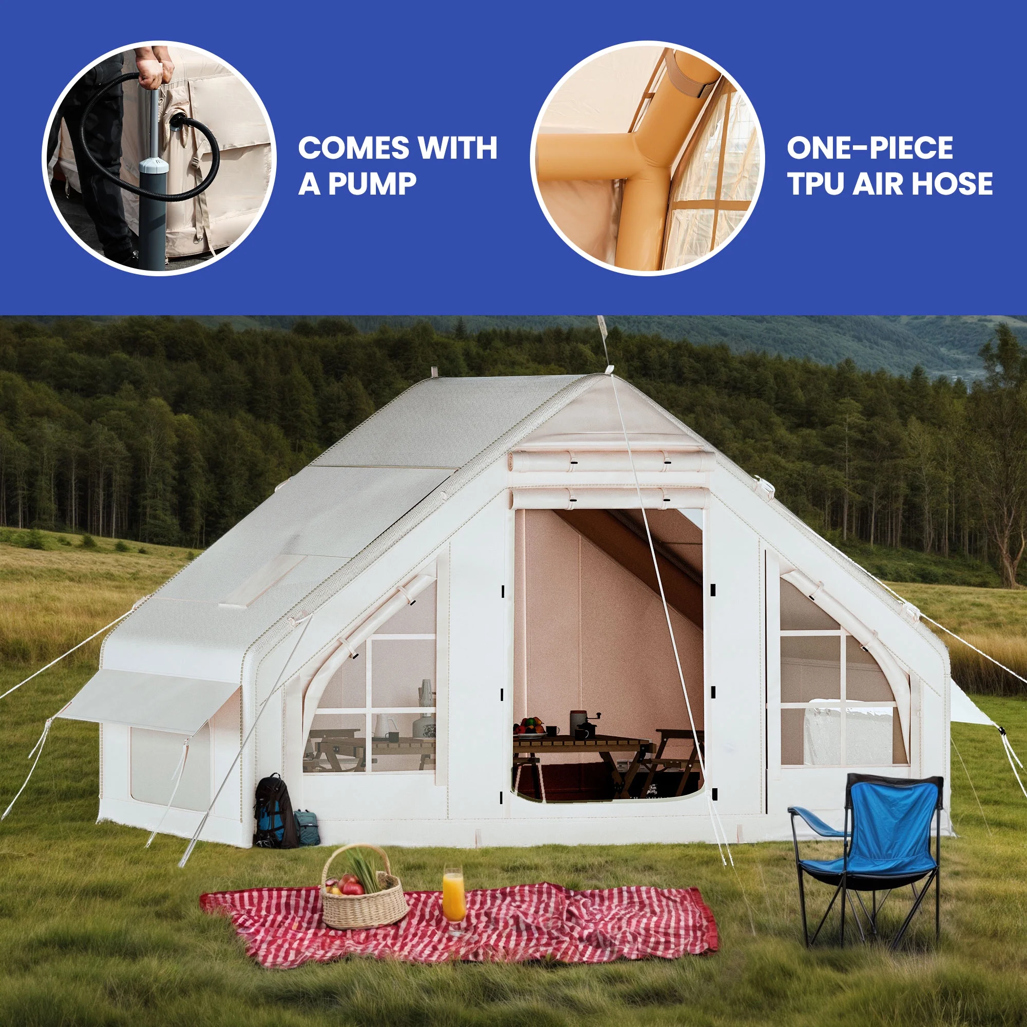 6-Person Portable Inflatable Camping and Glamping Tent �C Waterproof with Air Hose Pump in Beige - Image 5