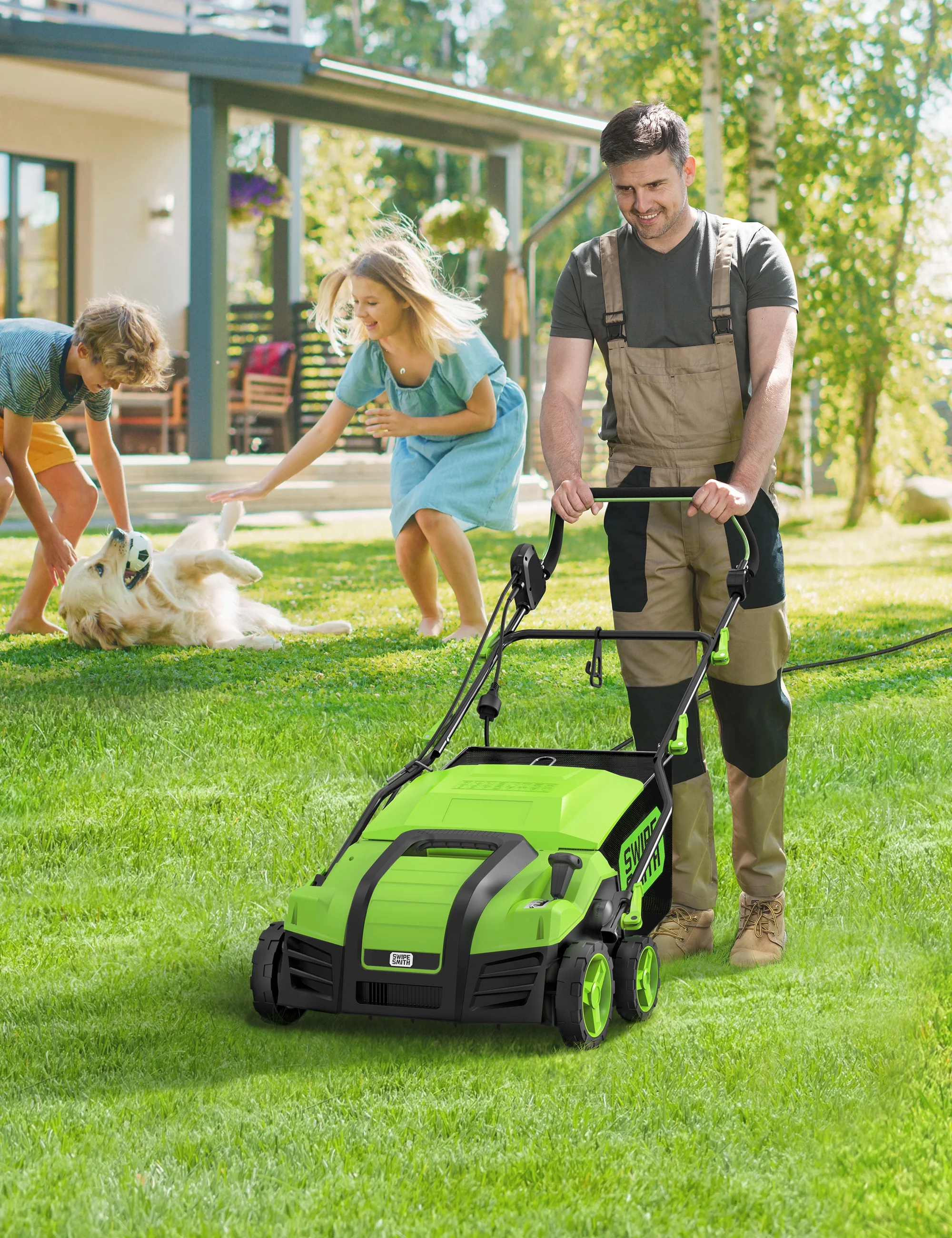 SWIPESMITH 16 15 Amp Electric Dethatcher Scarifier, Lawn with 5 - Position Depth Adjustment, 14.5 Gal Removable Thatch Collection Bag, Quick - Fold, Keeps Health