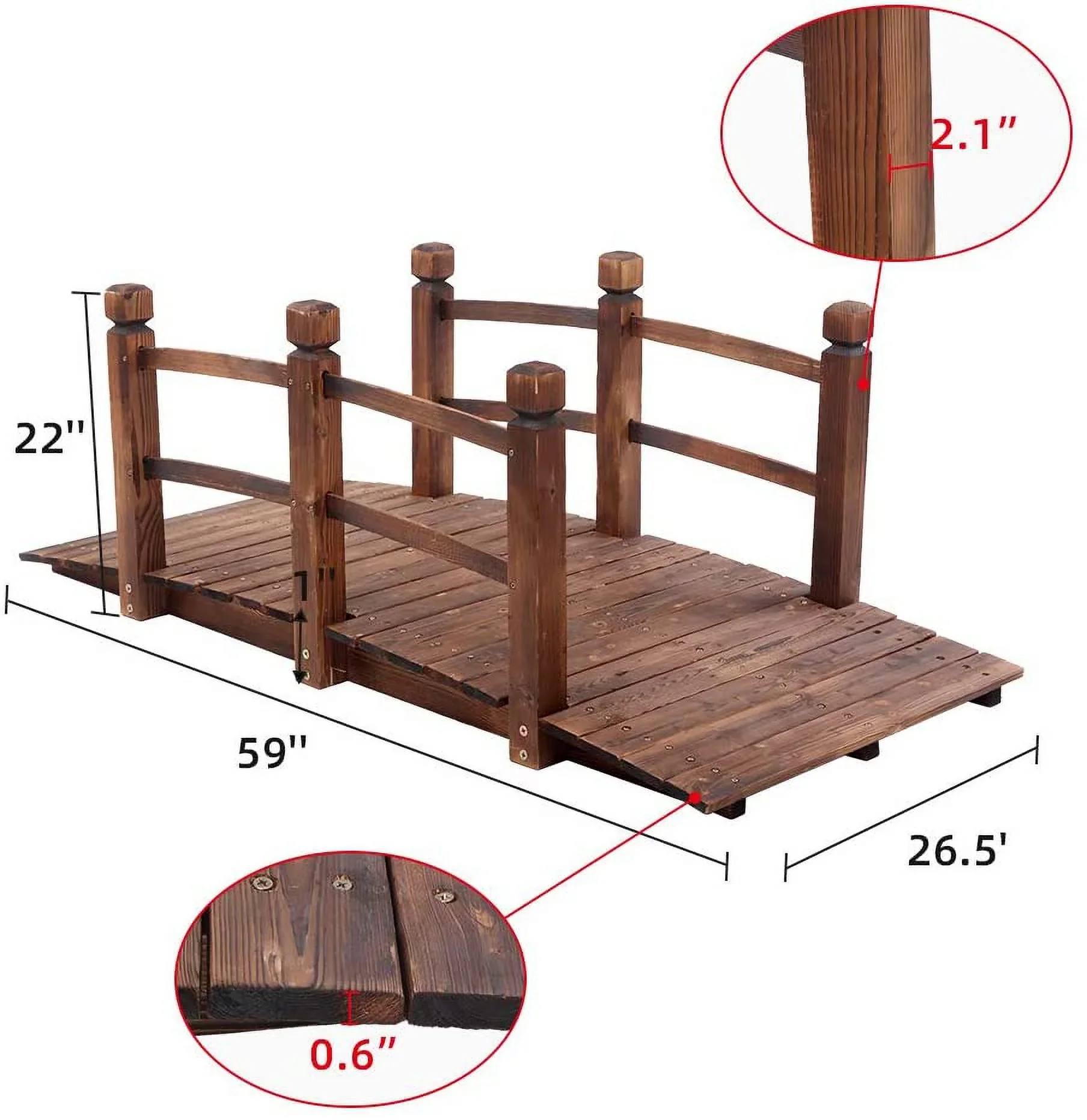 TYJDFN 5 ft Garden Wooden Bridge Arch Stained Finish with Safety Rails Outdoor Footbridge for Backyard Creek Farm, Decorative Pond Bridge