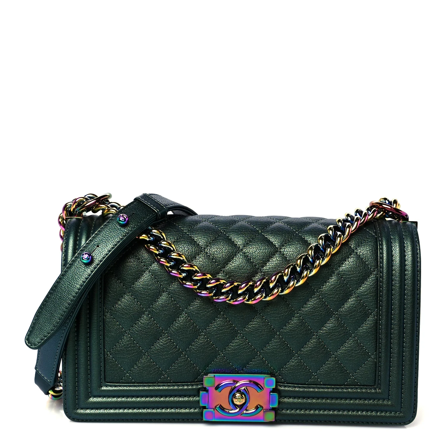 Iridescent Goatskin Quilted Medium Boy Flap Green