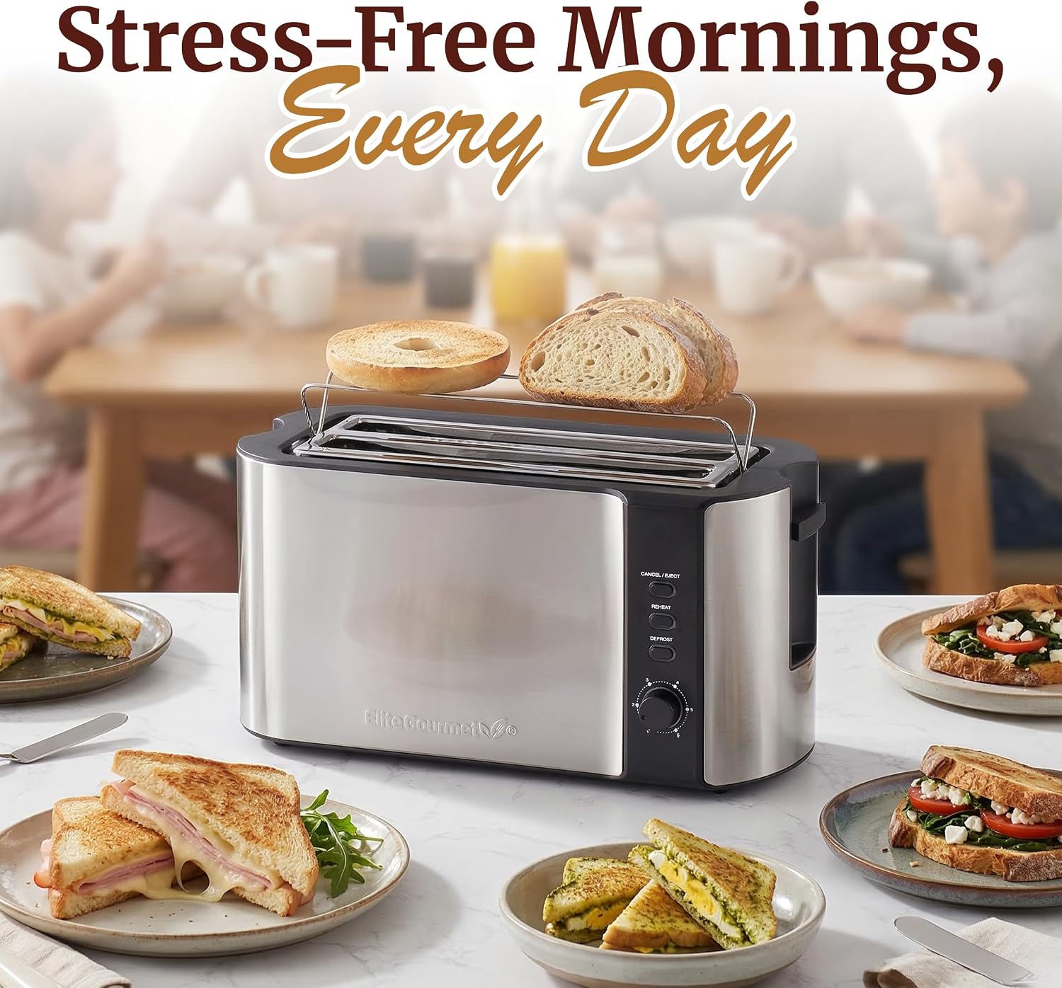 Elite Gourmet ECT-3100 4-Slice Long Slot Toaster, Stainless Steel| Extra-Wide Slots Fit Bagels, Sourdough & Texas Toast, 6 Browning Settings, Reheat, Defrost & Cancel, Built-In Warming Rack