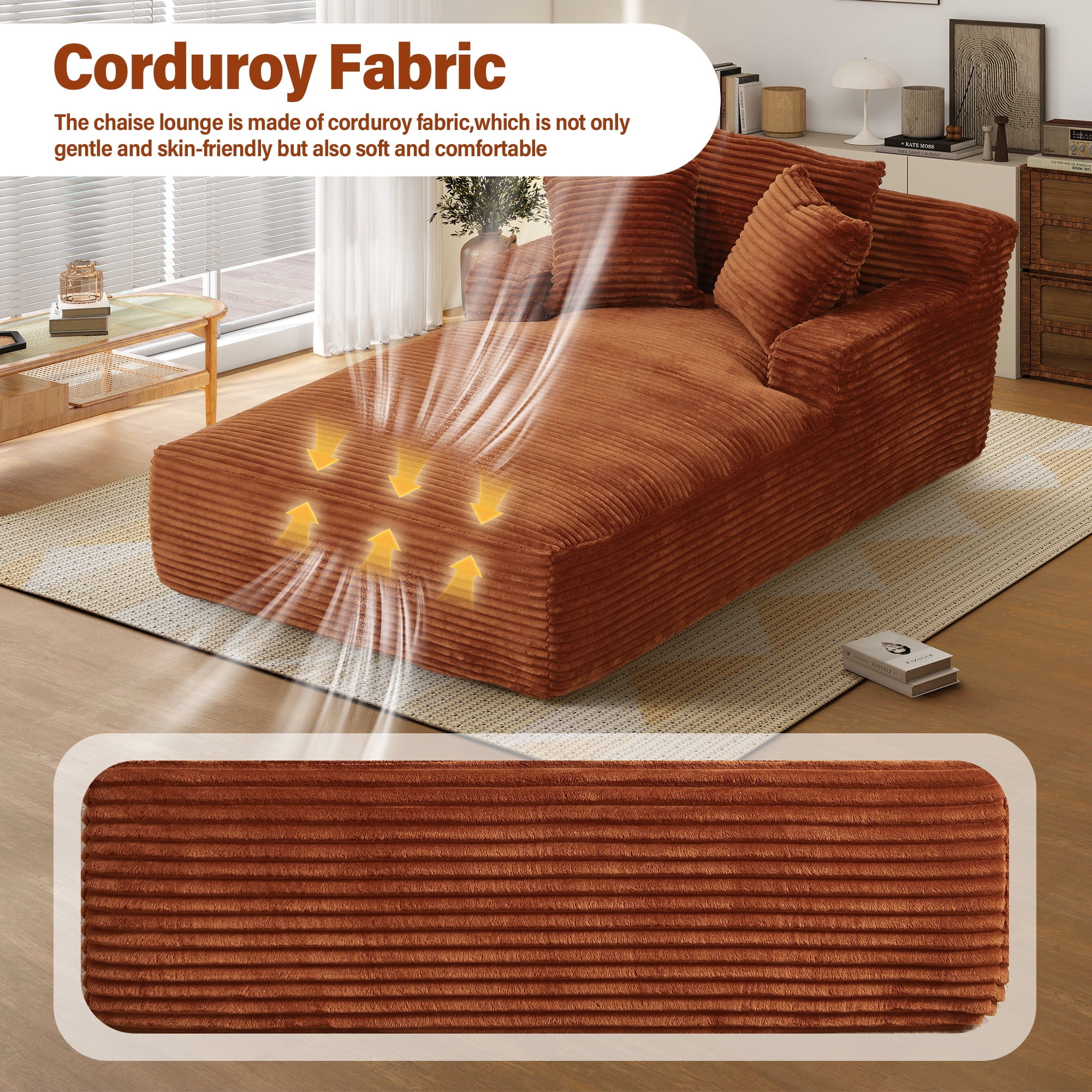78 7" Extra Long Chaise Lounge Sofa, Oversized Upholstered Couch with 3 Pillows for Indoor Living Room/Bedroom,Orange(Orange) Image 8