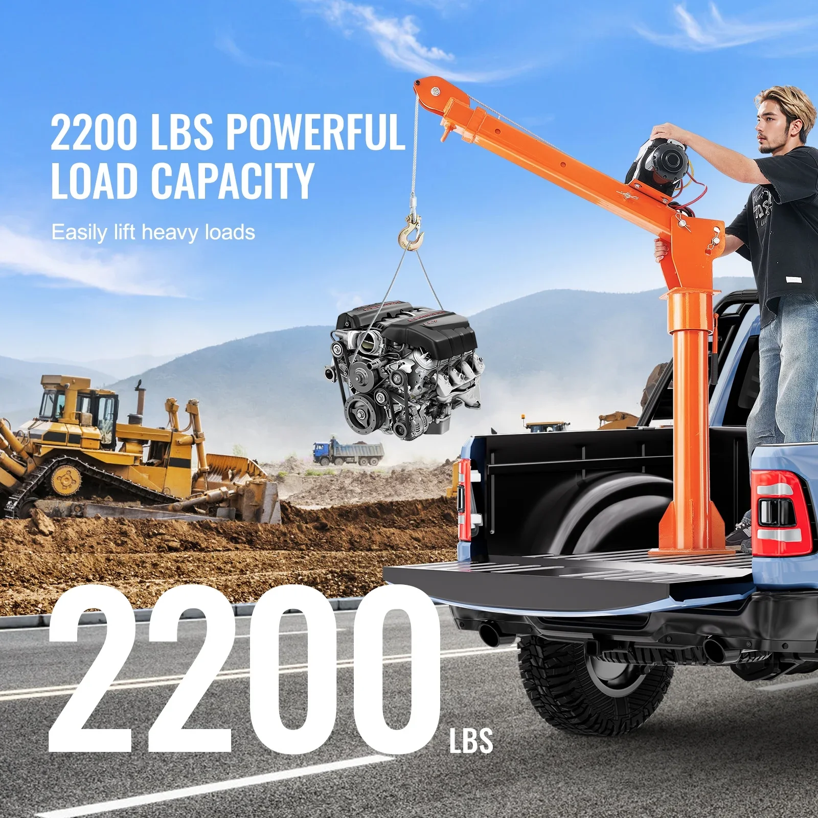 KFFKFF Power-Operated Truck Crane, 2200 lbs, Collapsible Truck-Bed Mounted Crane with 6000 lbs Electric Winch, Steel-Made Truck Jib Crane Hoist with 360�� Rotation