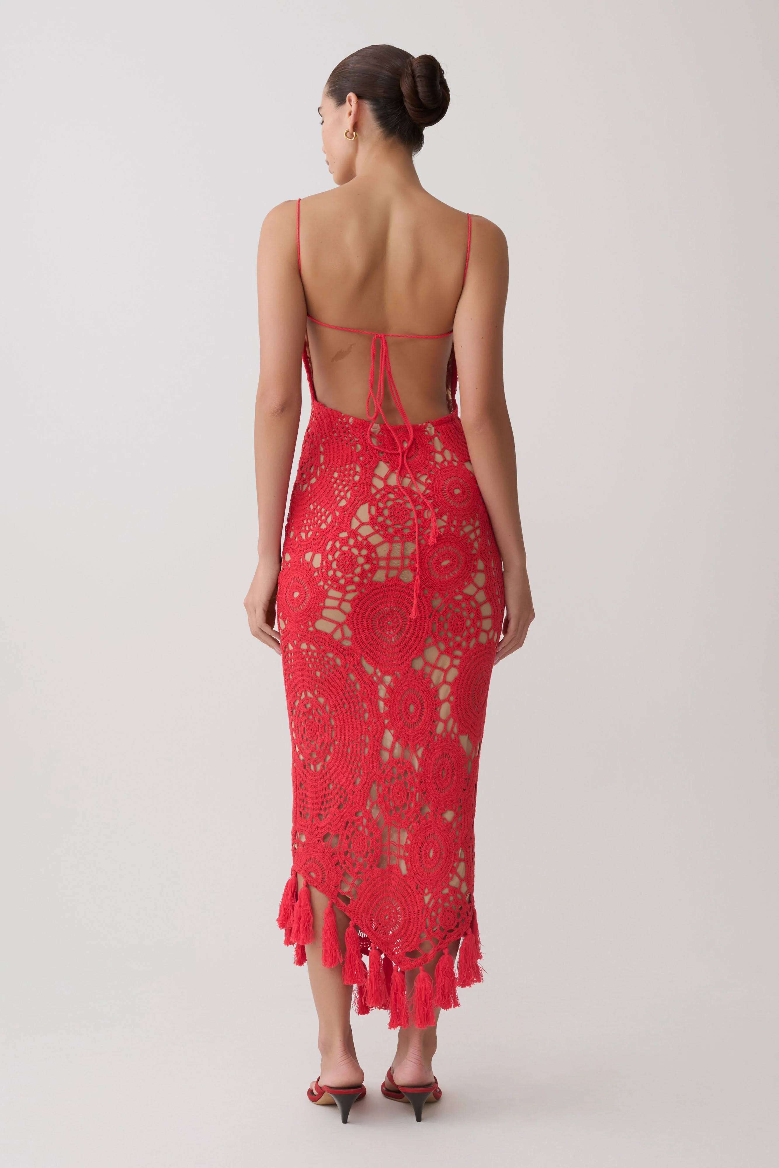 Delta Crochet Halter Midi Dress - Red