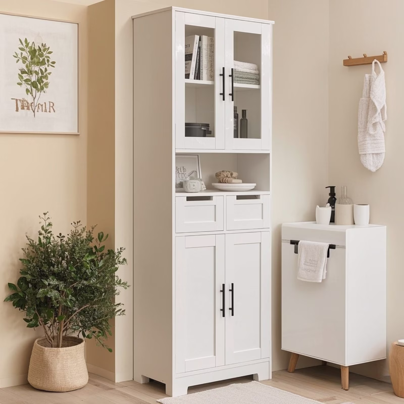 Wooden Bathroom Floor Cabinet with 4 Drawers 1 Cupboard for Living Room Entryway, White(White 4 Drawers) - Image 3