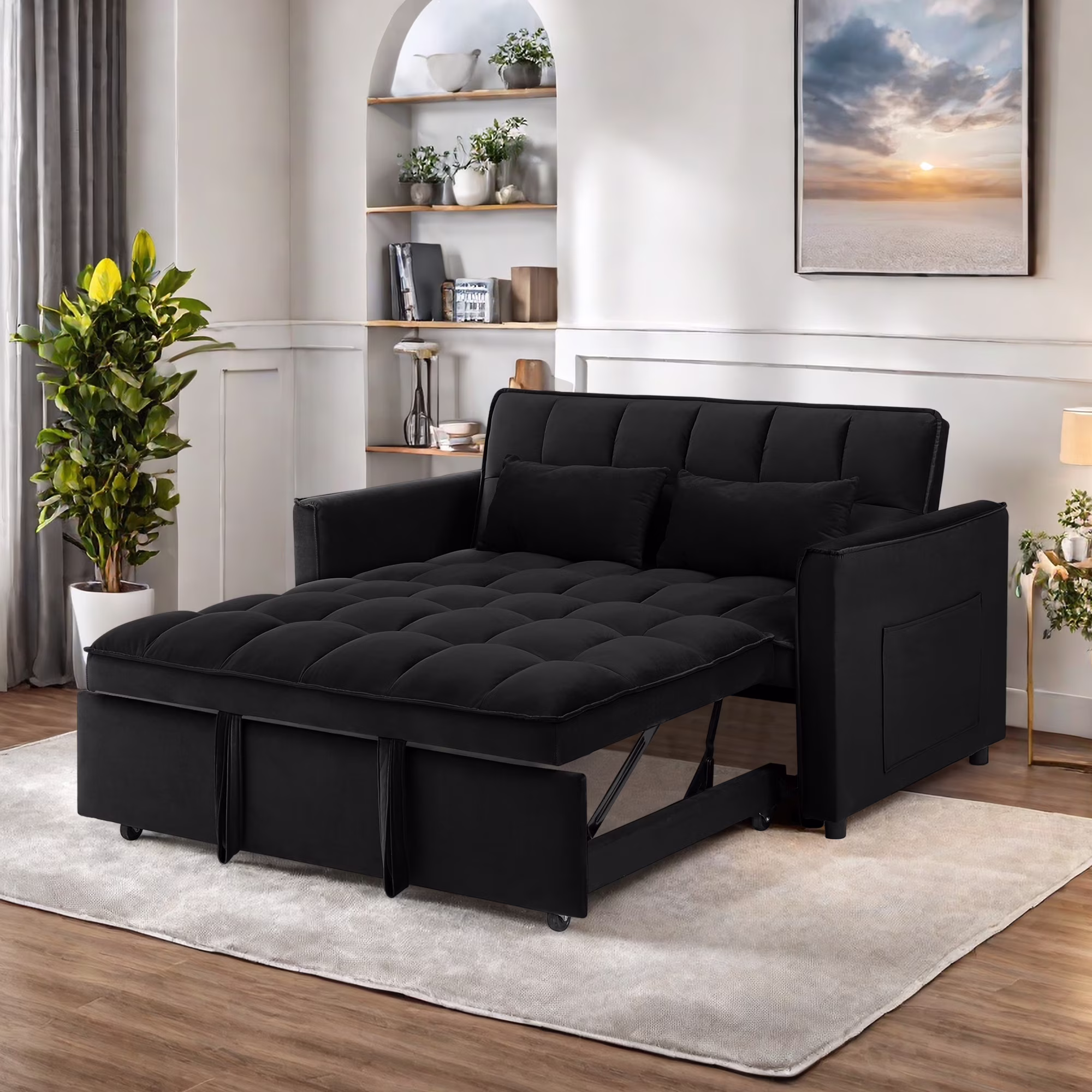 Convertible Sofa Bed,3-in-1 Sleeper Sofa with Pull Out Bed,Sleeper Futon Couch Loveseat with Adjsutable Backrest and Pillows for Living Room,Black(Black02)