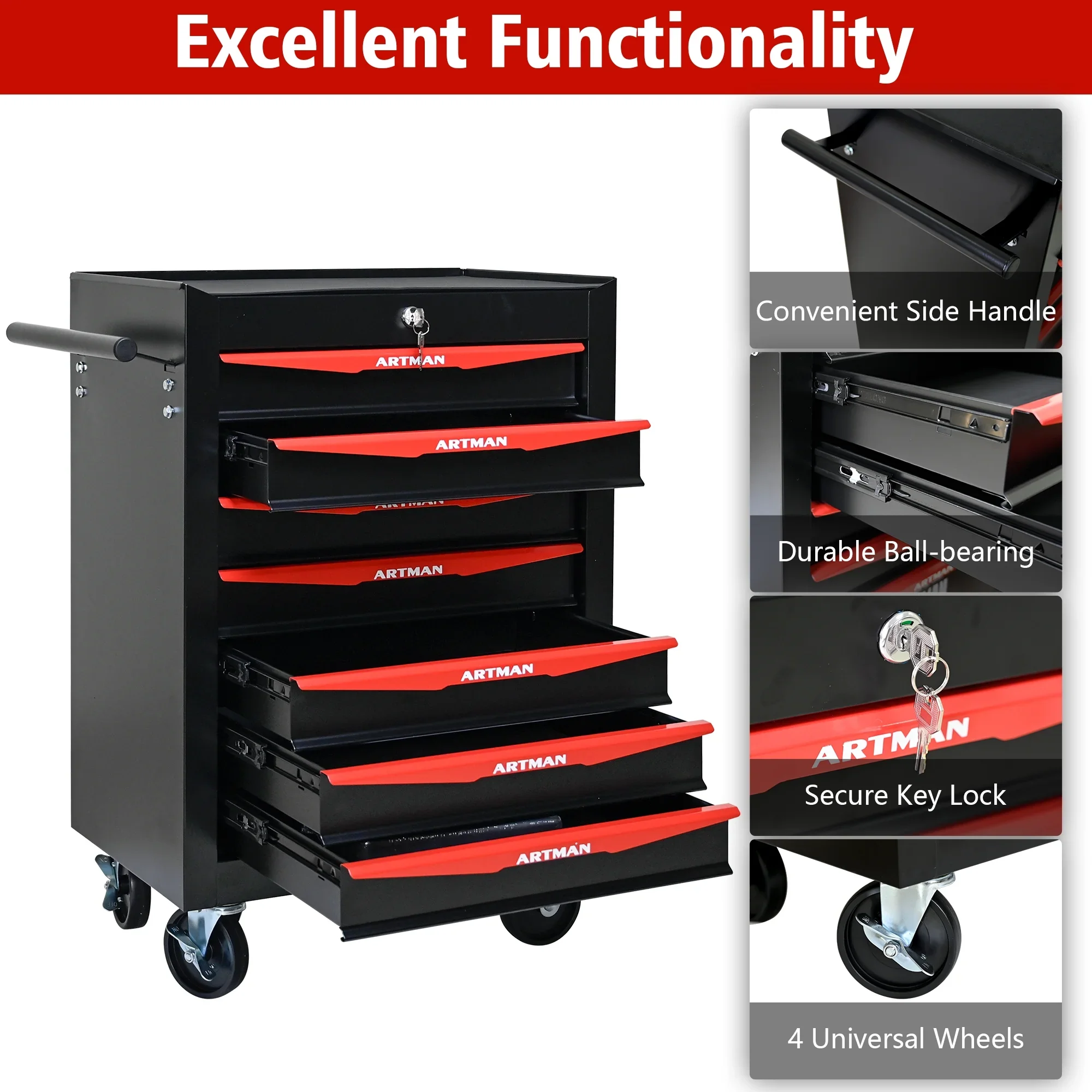 Witaxima 20 7-Drawer Rolling Metal Tool Chest, Black & Red