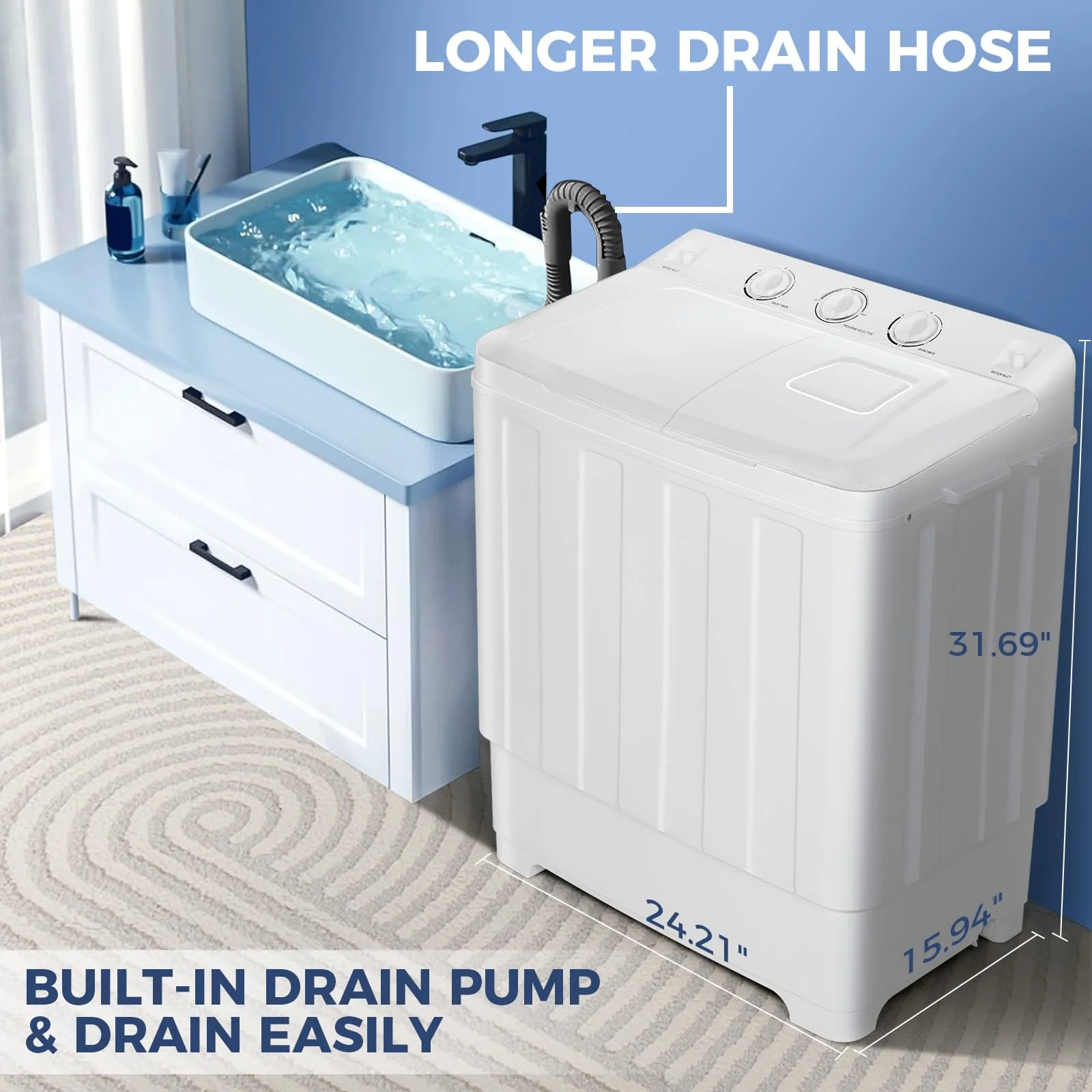 Portable Washing Machine, 30LBS Twin Tub Mini Compact Laundry 19lbs Washer/11lbs Spinner with Drain Pump Time Control Washer Spinner Combo, White(30LBS White) Image 6