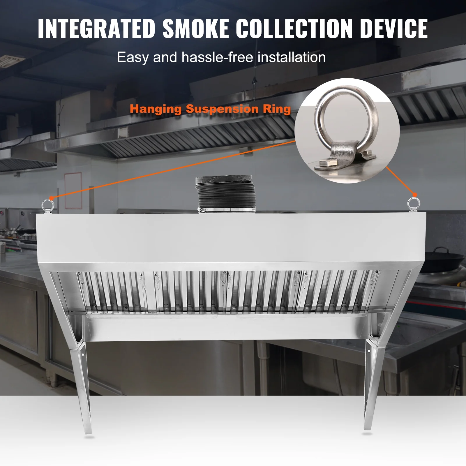 KFFKFF 9FT Stainless Steel Exhaust Hood for Commercial Use, Suitable for Food Trucks and Concession Trailers, Includes 4 Removable U - Shaped Grease Filtration Meshes, Durable and Resists Corrosion