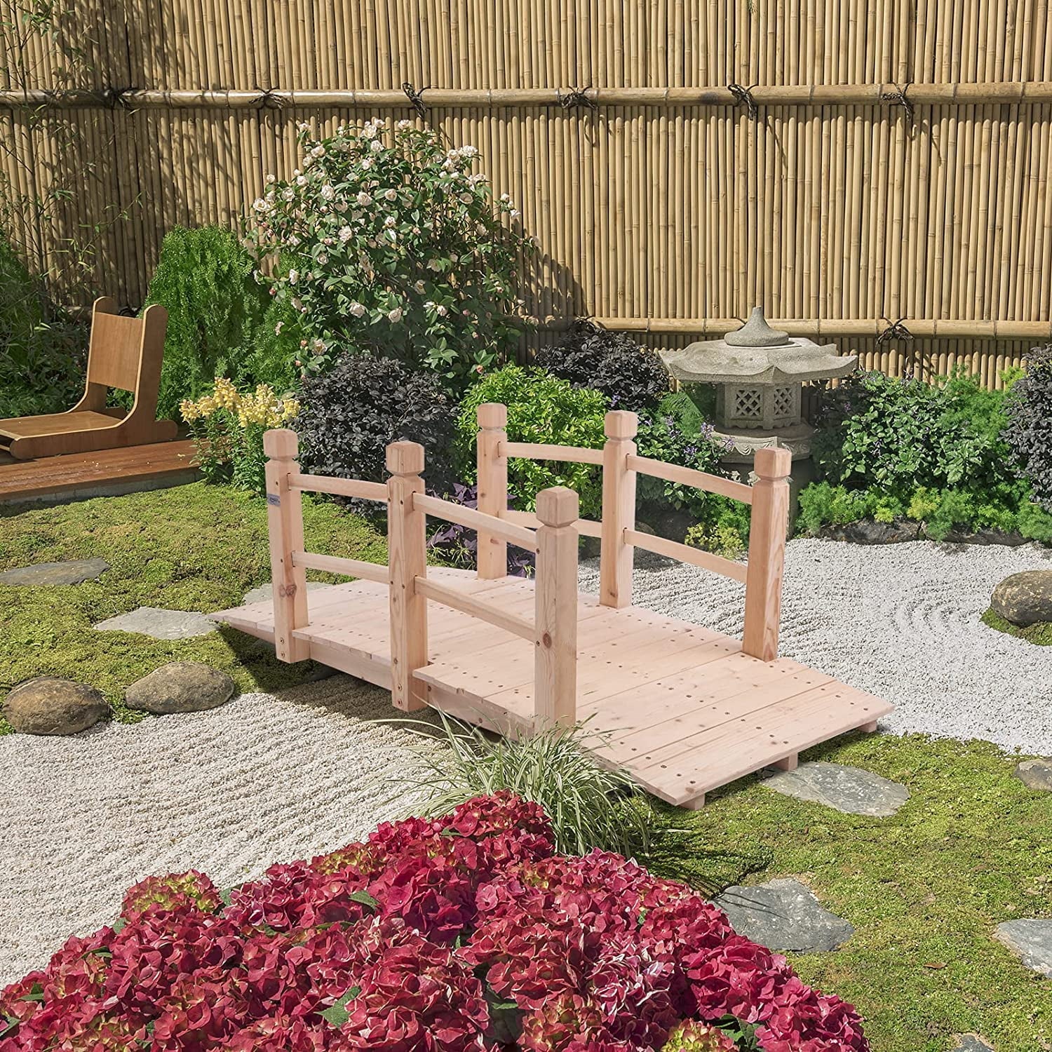VINGLI 4 ft Garden Bridge, Arch Walkway Wooden Bridge with Safety Rails Carbonized Finished, Decorative Landscaping Footbridge for Koi Pond, Dry Creek Bed, Garden Pathway or Rustic Wedding Decor