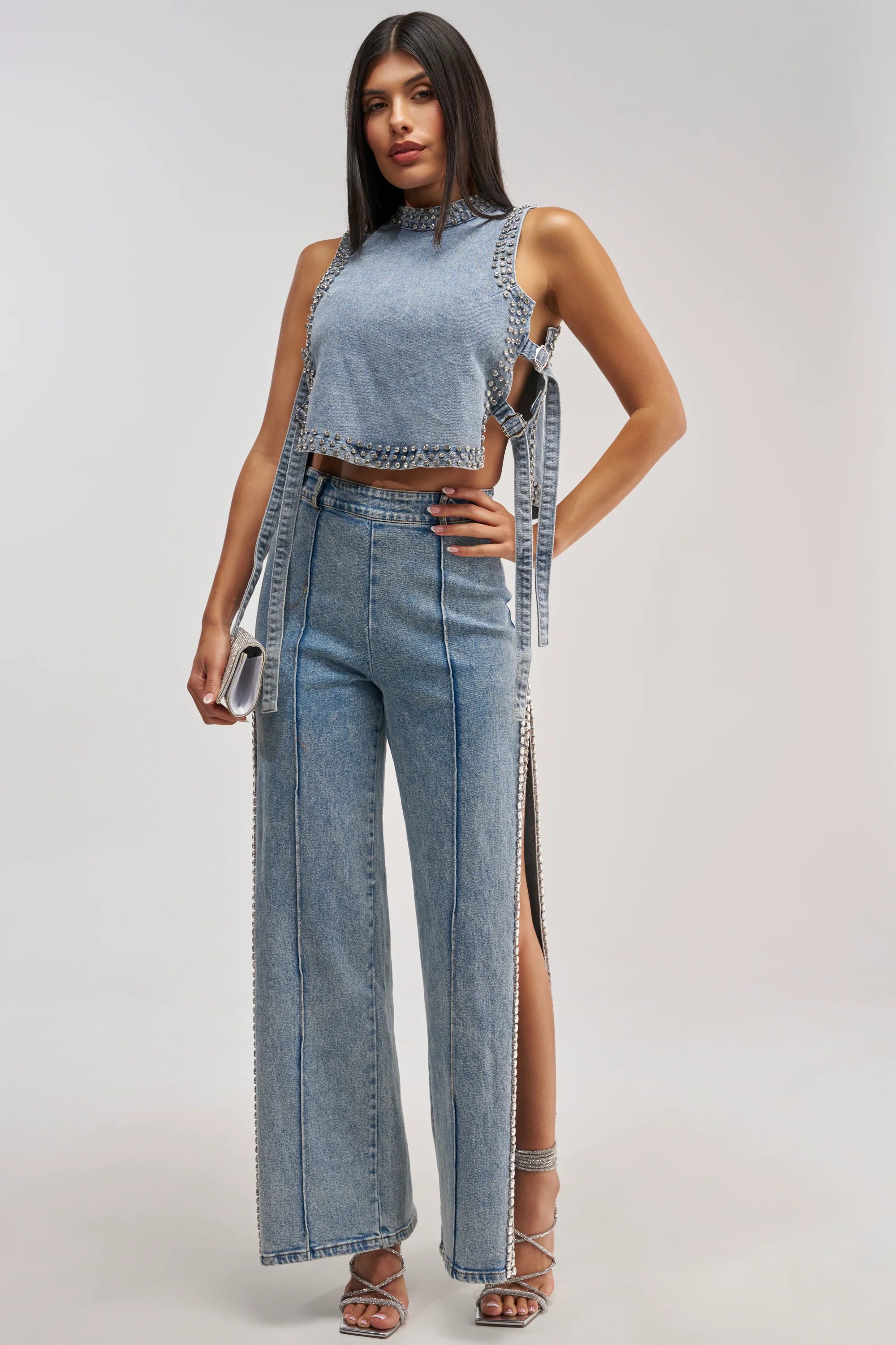 POPPING OUT RHINESTONE DENIM PANT - Akira Store