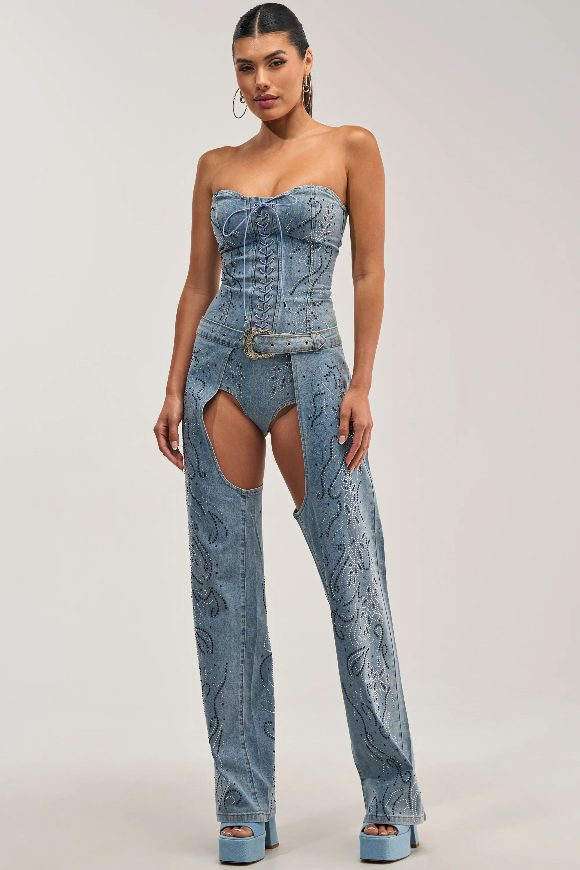 COWGIRL NIGHTS RHINESTONE DENIM CHAPS - Akira Store