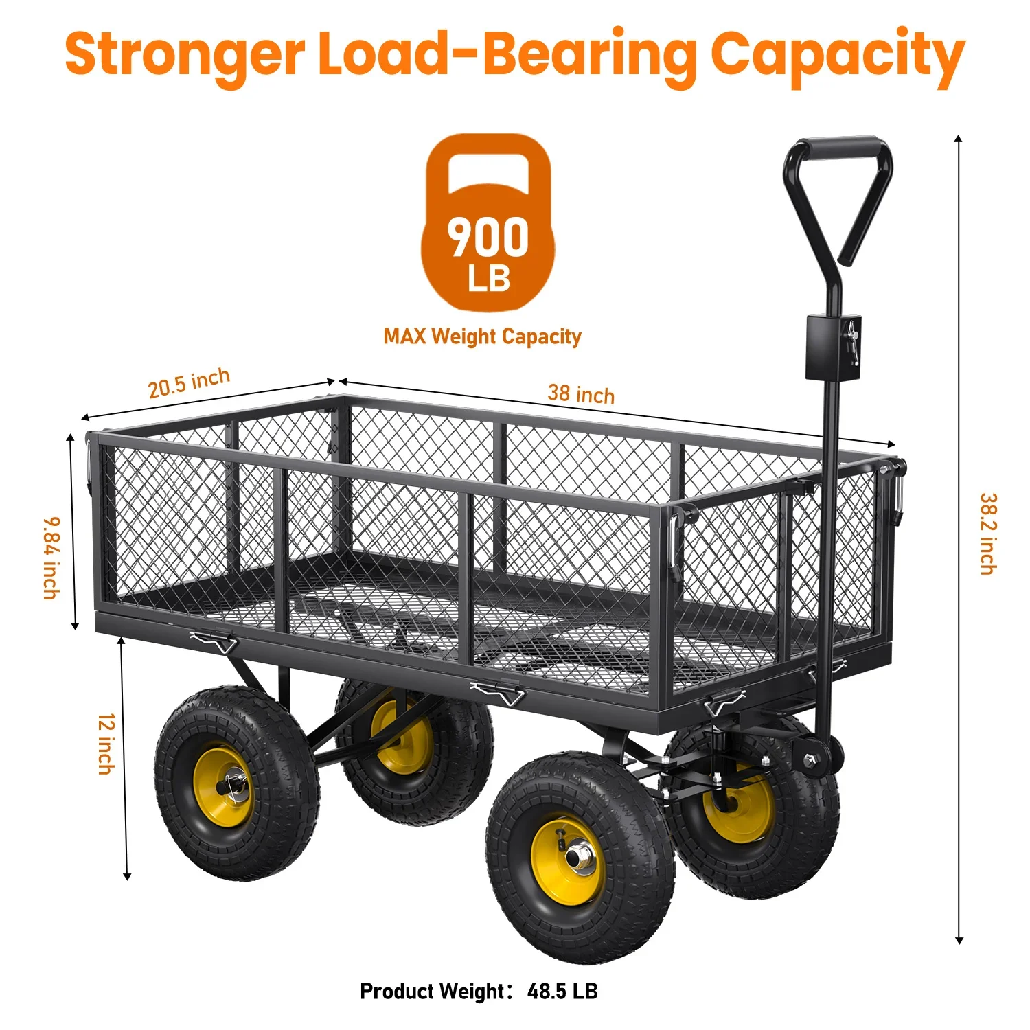 VECUKTY Heavy Duty Steel Dump Garden Cart with Liner, 900lbs Wagon 3 Cu ft 10 Wheel, Black