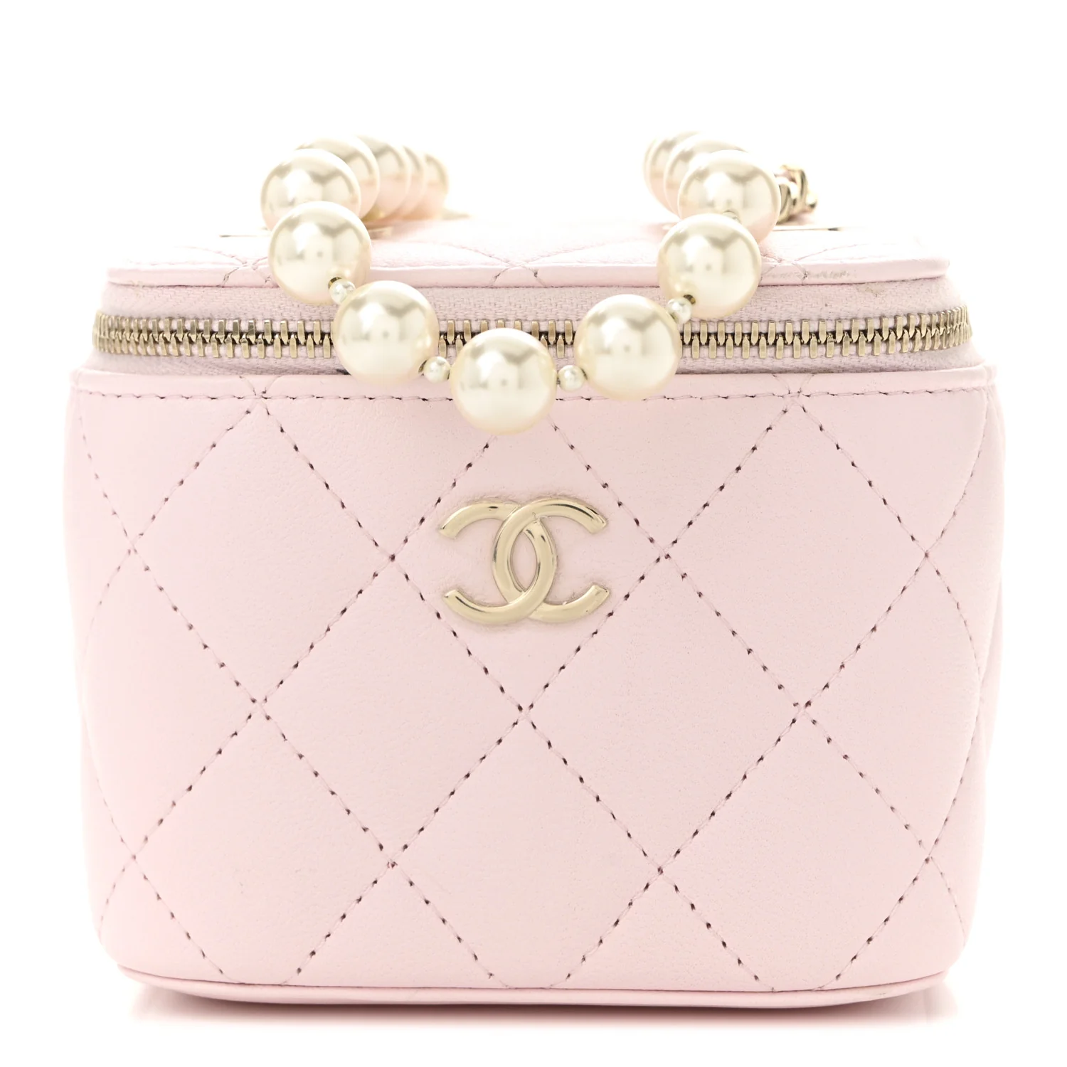 Lambskin Quilted Mini Vanity Case With Pearl Chain Light Pink