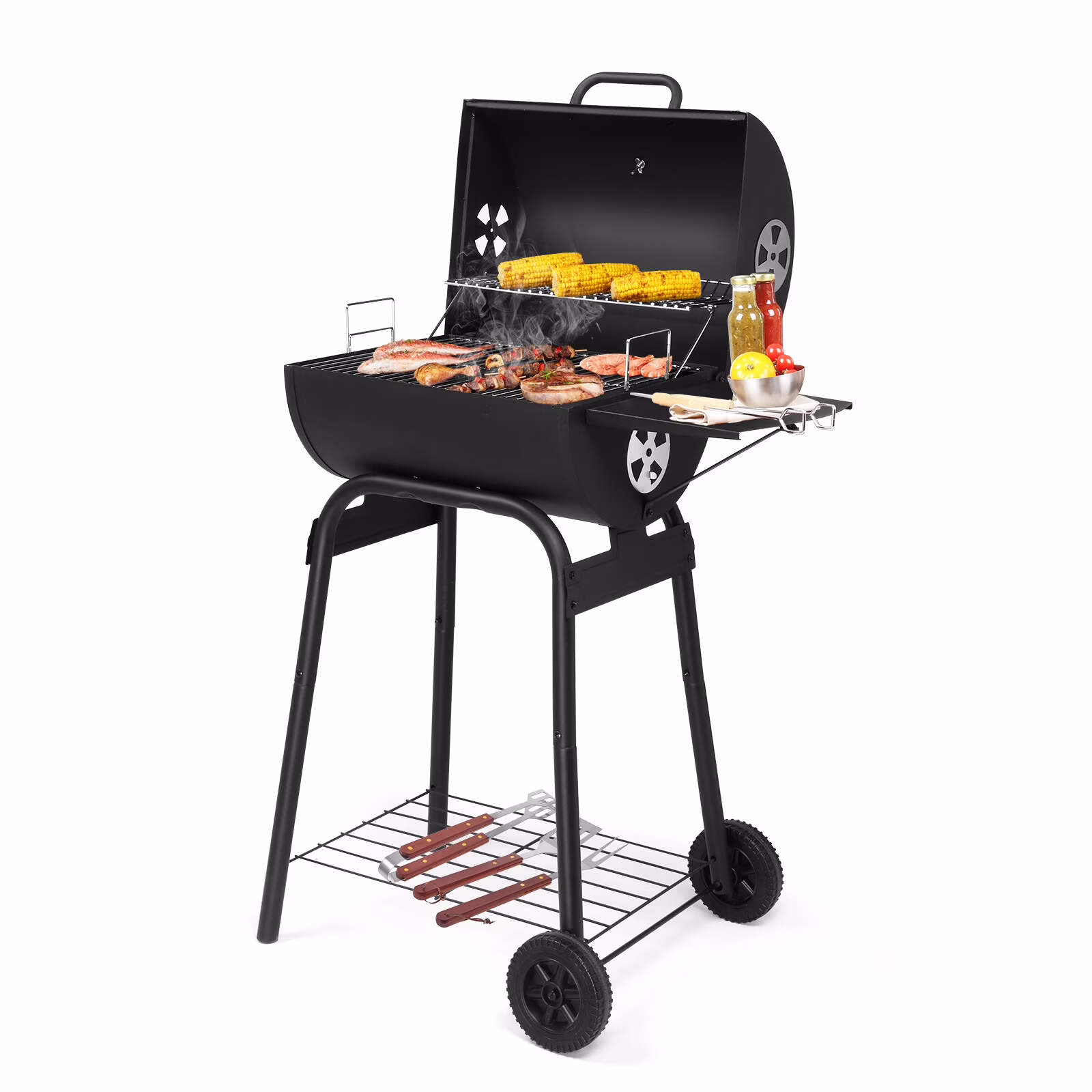 SEEKOL Barrel Charcoal Grill with Side Table, BBQ Grill Outdoor Smoker Grill with Wheels for Party Garden Patio and Backyard Cooking